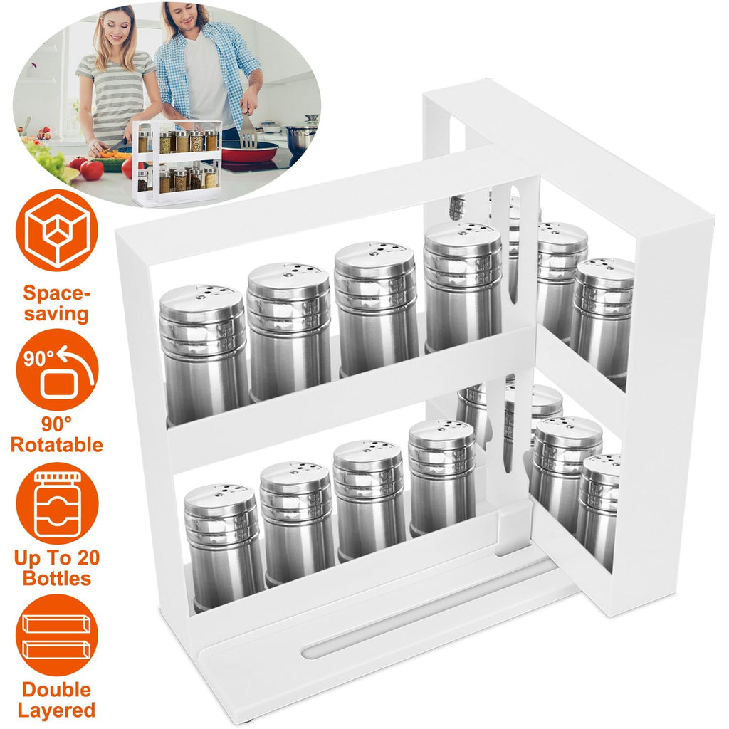 2-Tier Rotating Spice Rack Organizer, 90° Pull-Out Cabinet Storage, Holds Up to 20 Bottles, White