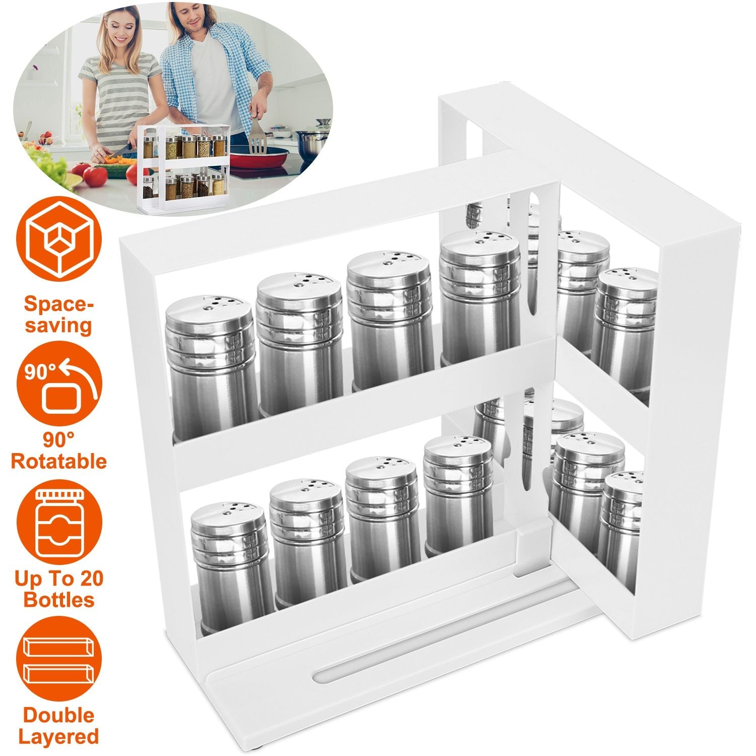 2-Tier Rotating Spice Rack Organizer, 90° Pull-Out Cabinet Storage, Holds Up to 20 Bottles, White