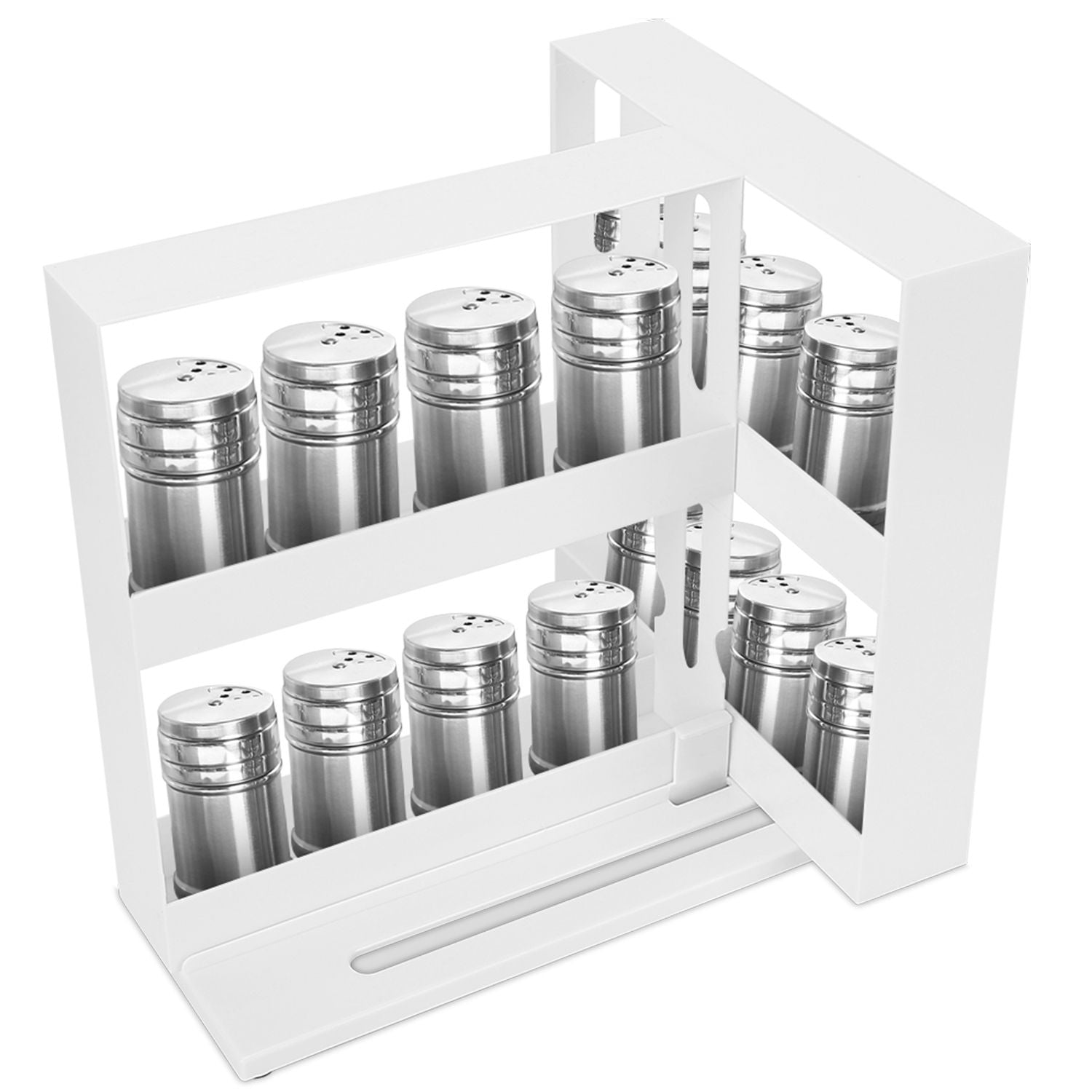 2-Tier Rotating Spice Rack Organizer, 90° Pull-Out Cabinet Storage, Holds Up to 20 Bottles, White