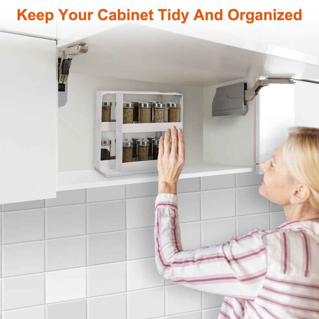 2-Tier Rotating Spice Rack Organizer, 90° Pull-Out Cabinet Storage, Holds Up to 20 Bottles, White