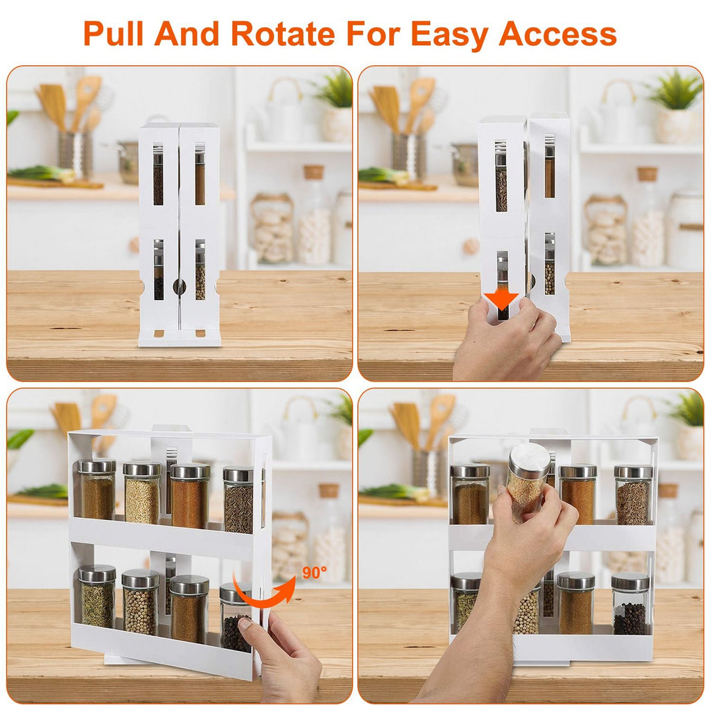 2-Tier Rotating Spice Rack Organizer, 90° Pull-Out Cabinet Storage, Holds Up to 20 Bottles, White