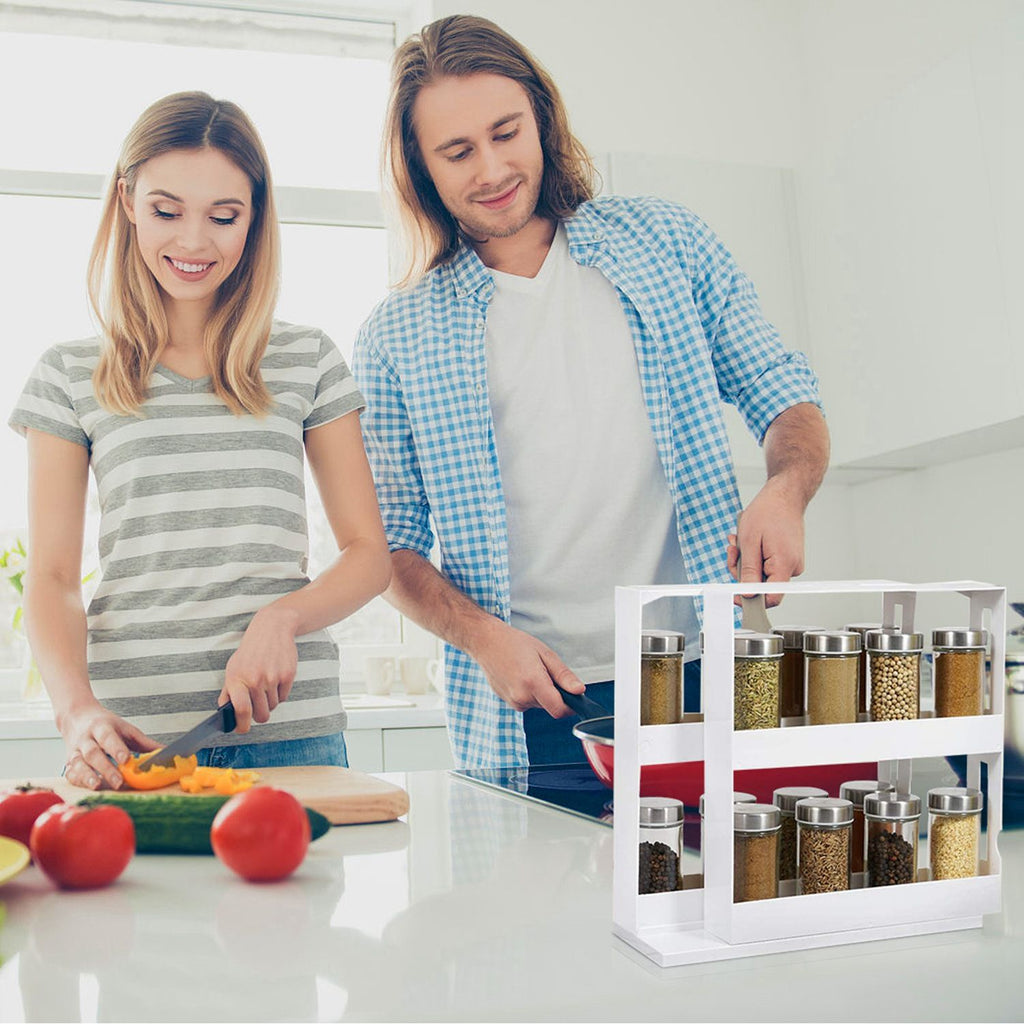 2-Tier Rotating Spice Rack Organizer, 90° Pull-Out Cabinet Storage, Holds Up to 20 Bottles, White