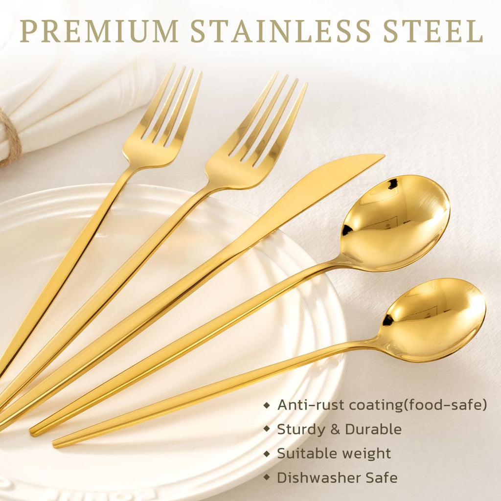 40-Piece Gold Stainless Steel Flatware Set for 8, Modern Knives Forks and Spoons, Dishwasher Safe