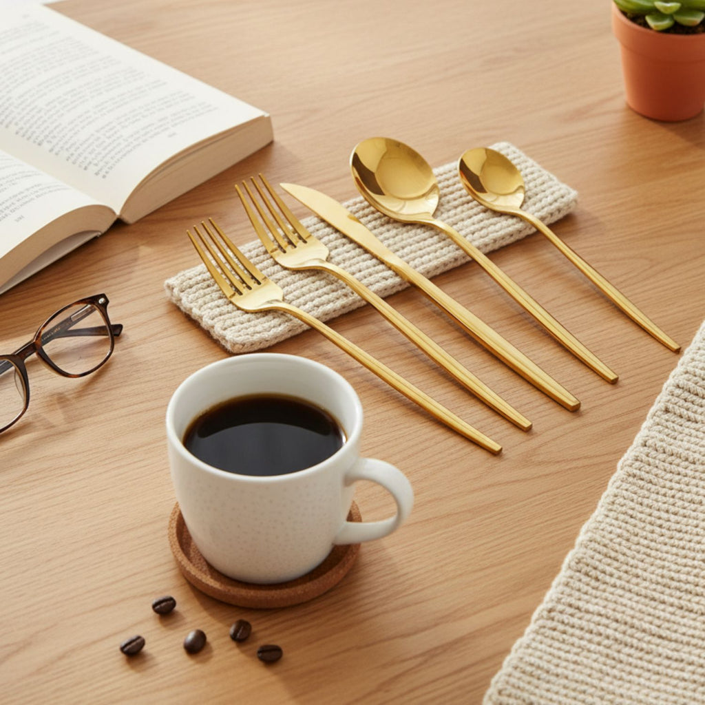 40-Piece Gold Stainless Steel Flatware Set for 8, Modern Knives Forks and Spoons, Dishwasher Safe