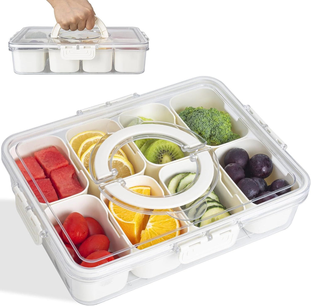 Portable Snackle Box with 8 Removable Compartments, Clear Snack Organizer with Handle & Locking Lid, 11"