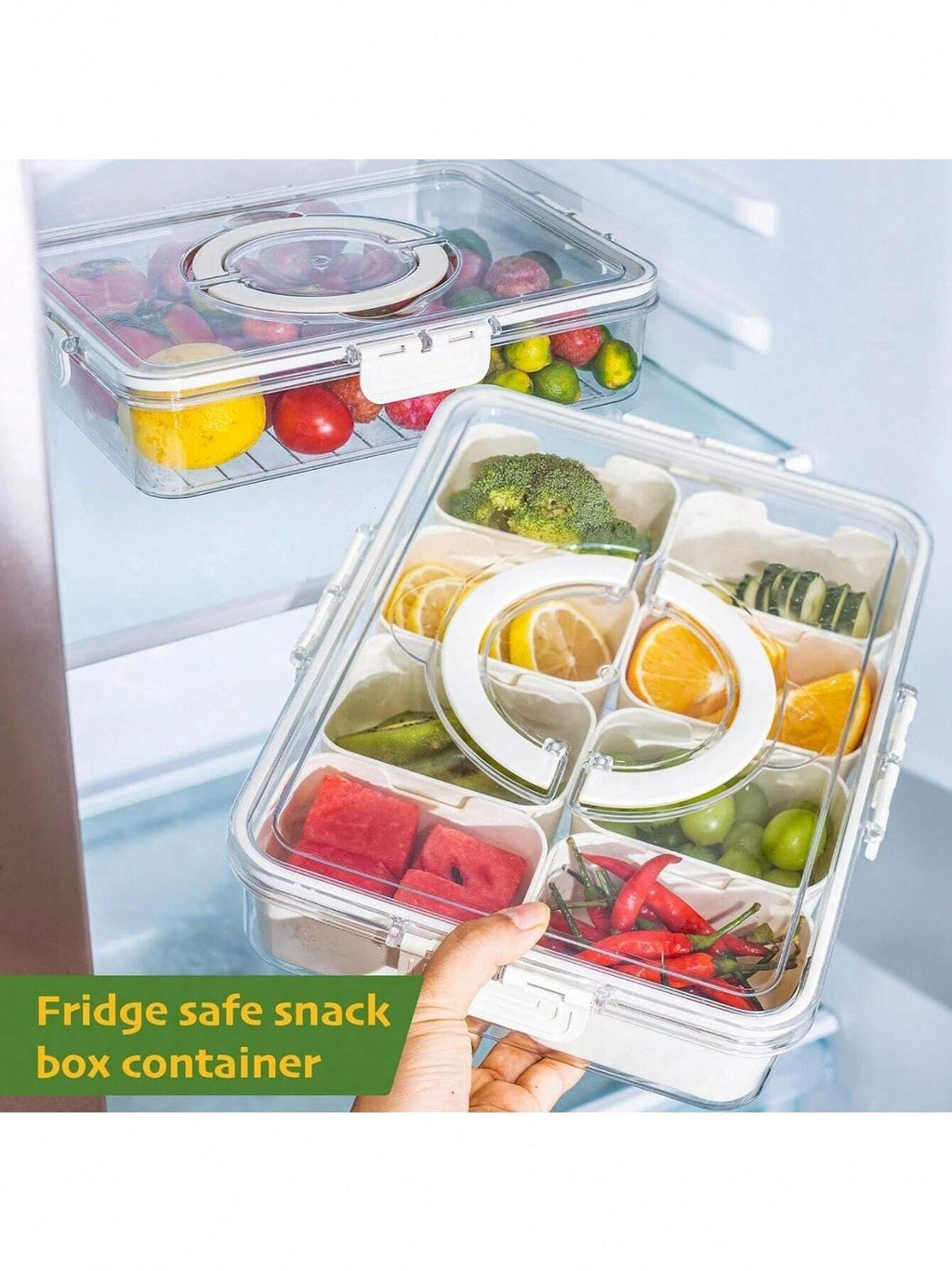 Portable Snackle Box with 8 Removable Compartments, Clear Snack Organizer with Handle & Locking Lid, 11"