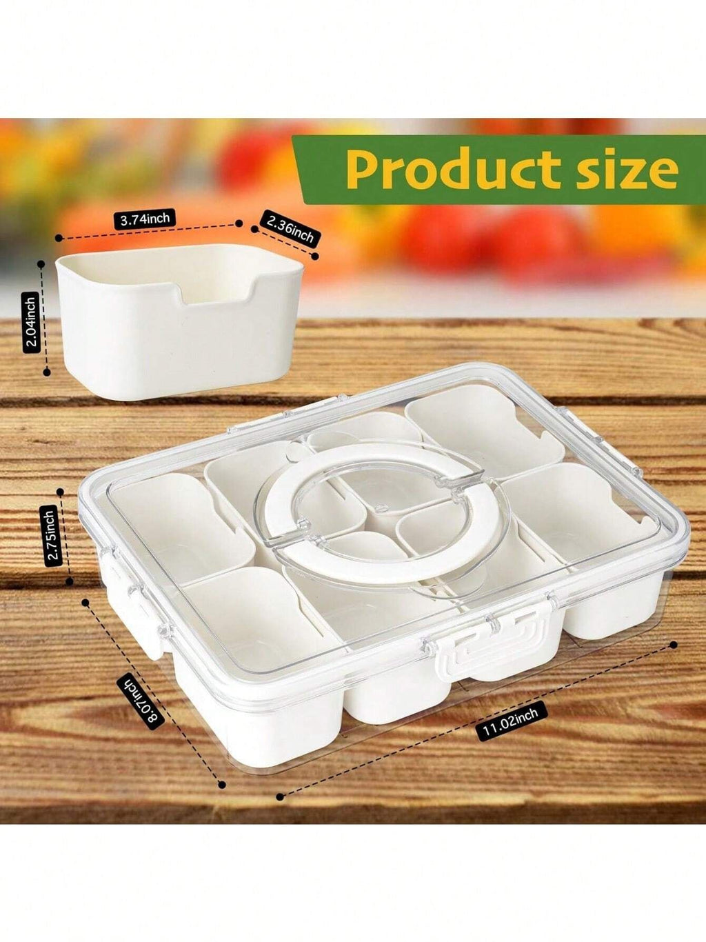 Portable Snackle Box with 8 Removable Compartments, Clear Snack Organizer with Handle & Locking Lid, 11"