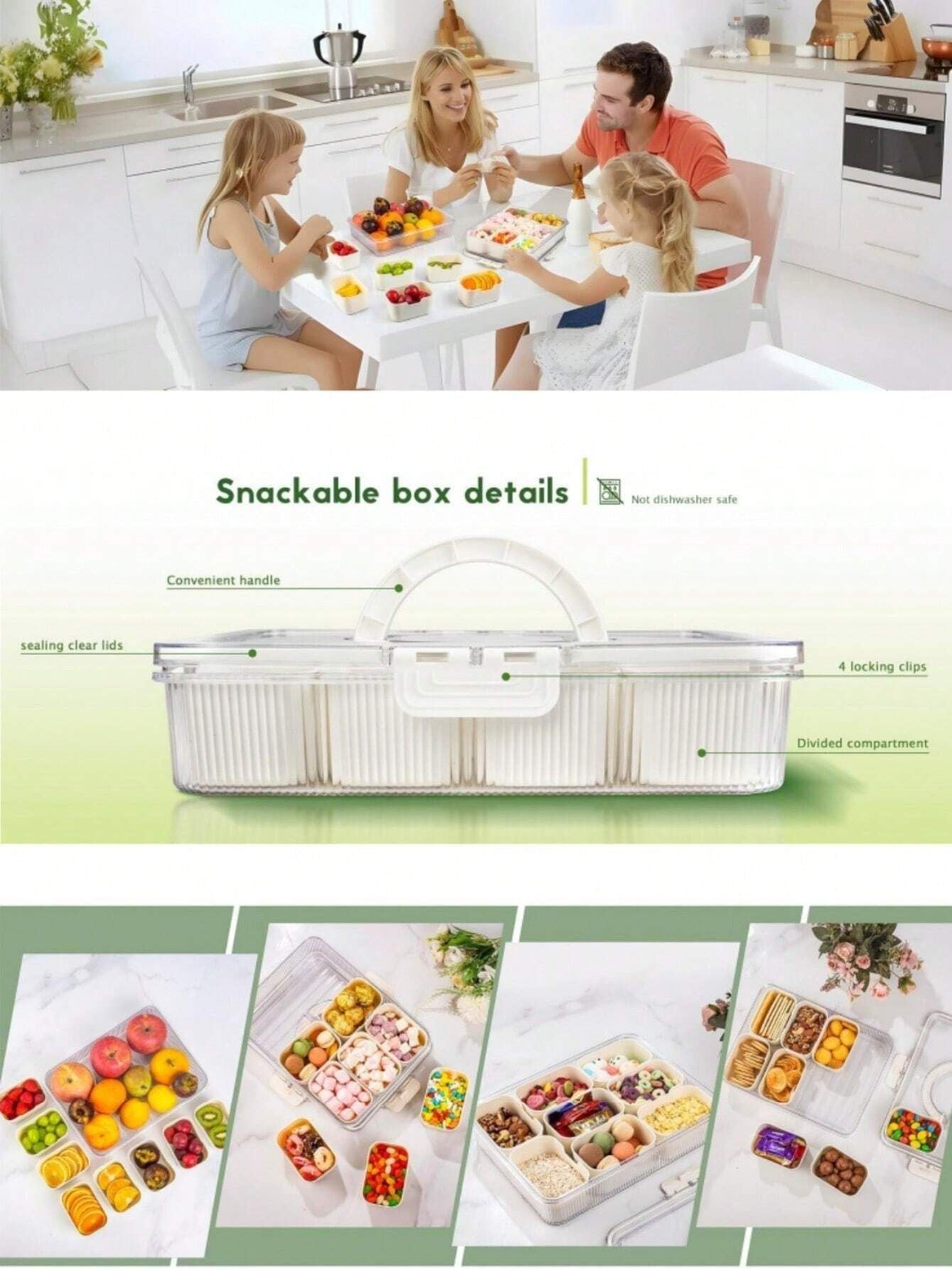 Portable Snackle Box with 8 Removable Compartments, Clear Snack Organizer with Handle & Locking Lid, 11"
