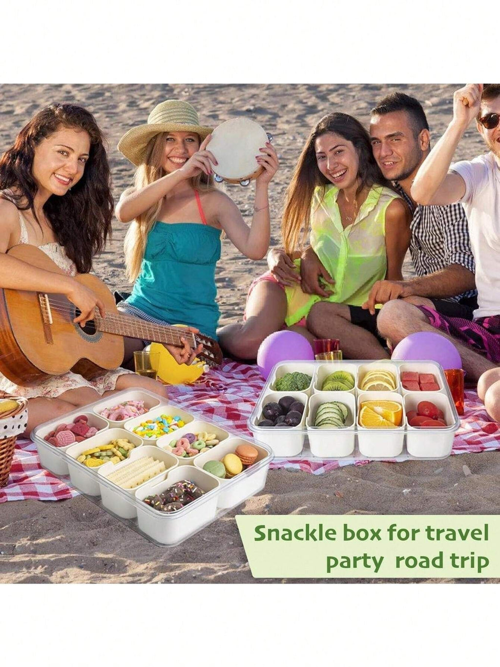 Portable Snackle Box with 8 Removable Compartments, Clear Snack Organizer with Handle & Locking Lid, 11"