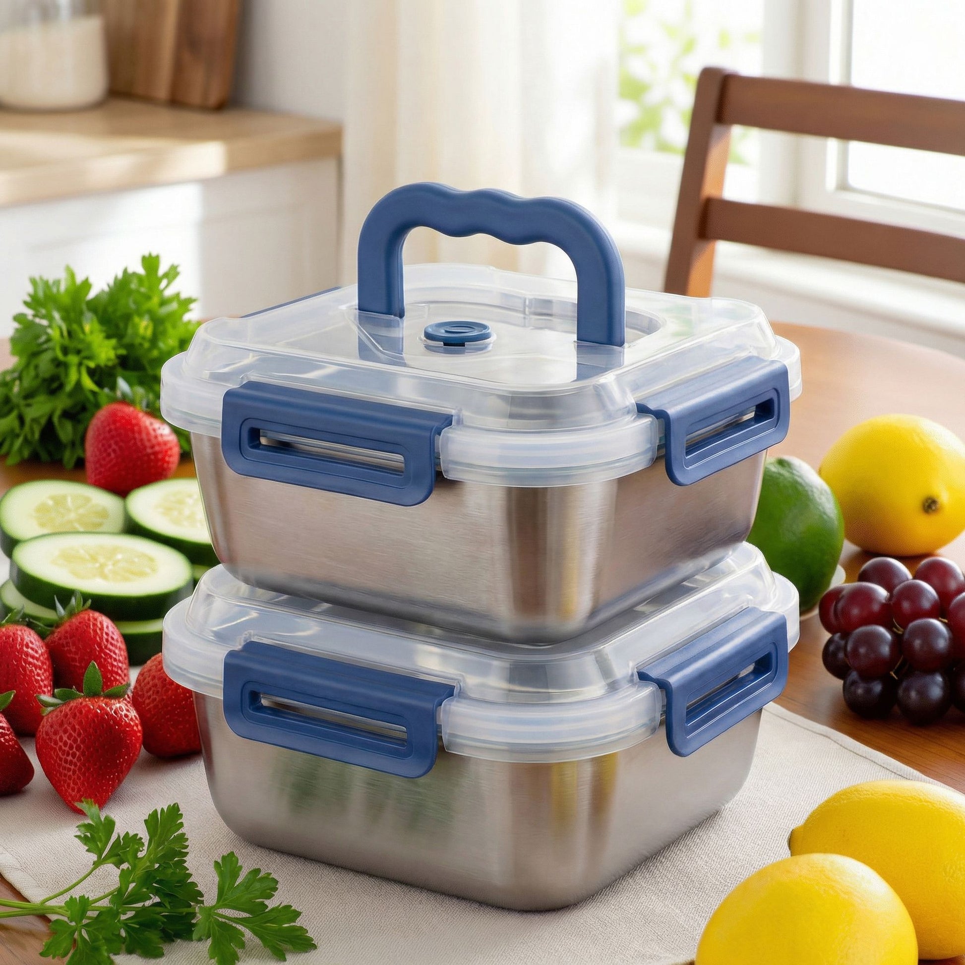 2-Pack Stainless Steel Food Storage Containers with Airtight Locking Lids & Foldable Handles, Blue