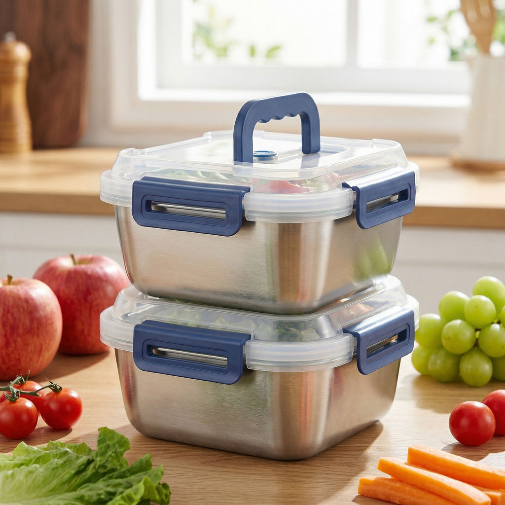 2-Pack Stainless Steel Food Storage Containers with Airtight Locking Lids & Foldable Handles, Blue