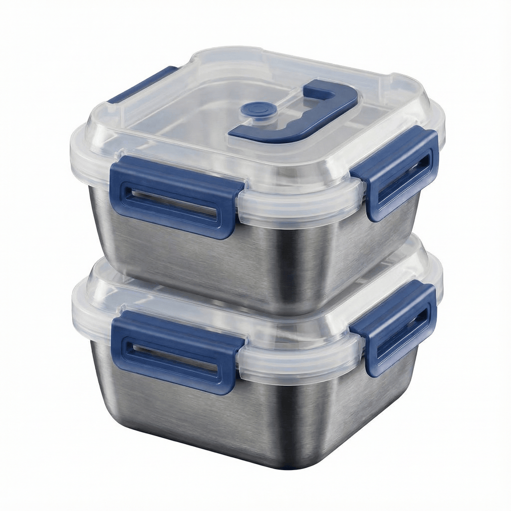 2-Pack Stainless Steel Food Storage Containers with Airtight Locking Lids & Foldable Handles, Blue