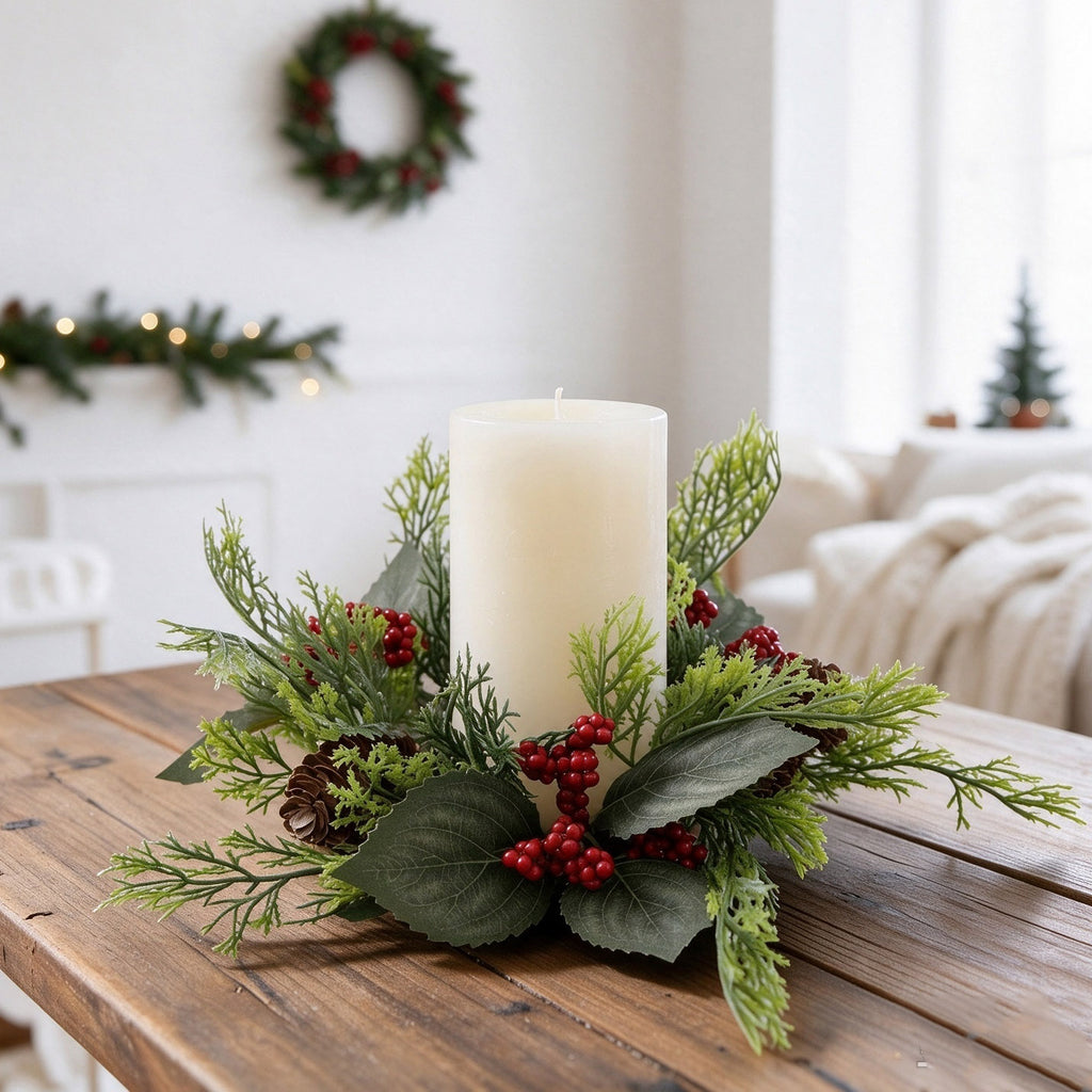 Christmas Candle Ring Wreath Set, Berry and Pine Branch Candle Holders, 2.95 in Inner Diameter Decorative Centerpieces for Table, Mantel and Wall Decor