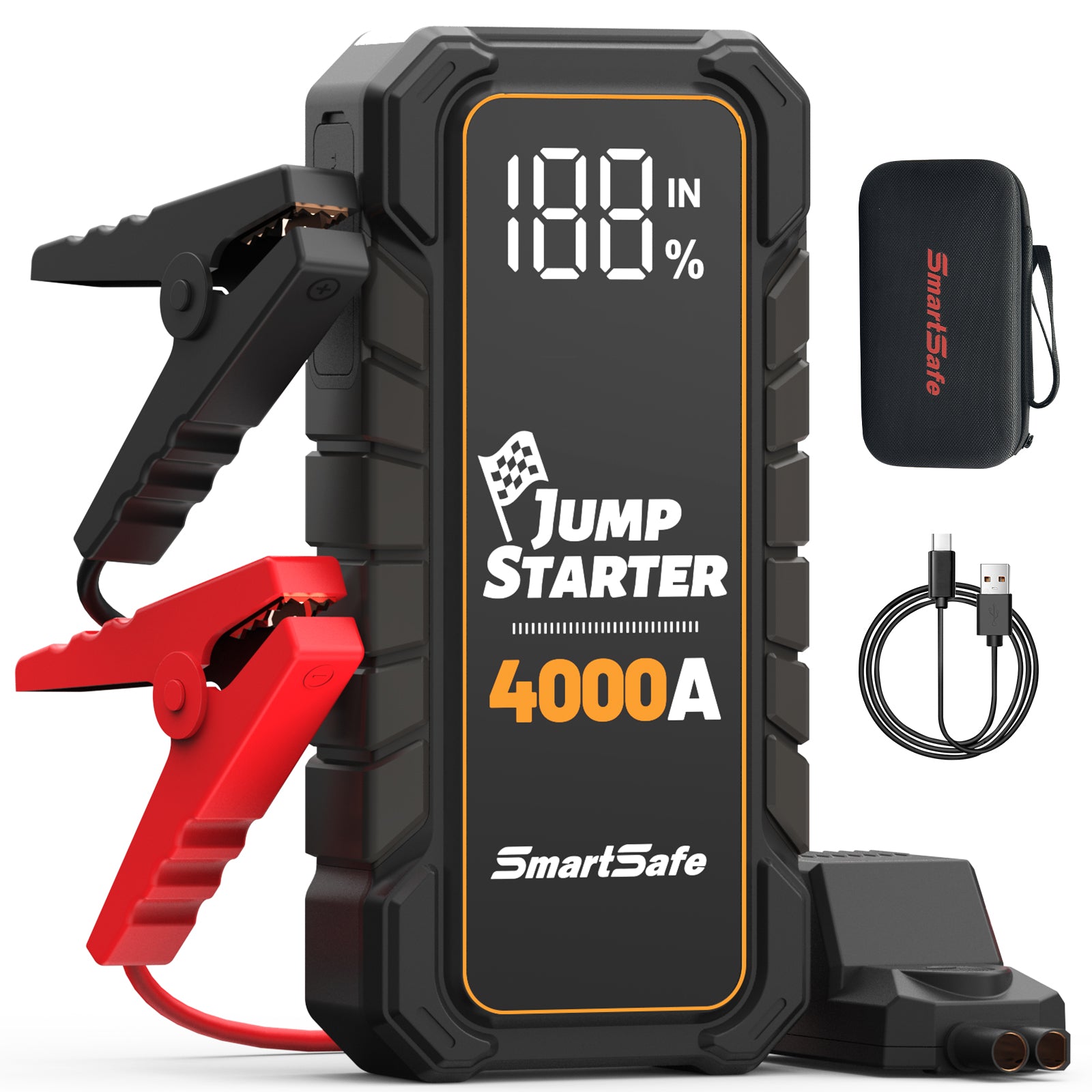 12V Portable Car Battery Jump Starter, 4000A Peak, USB Power Bank, LED Flashlight, LCD Display, Storage Case