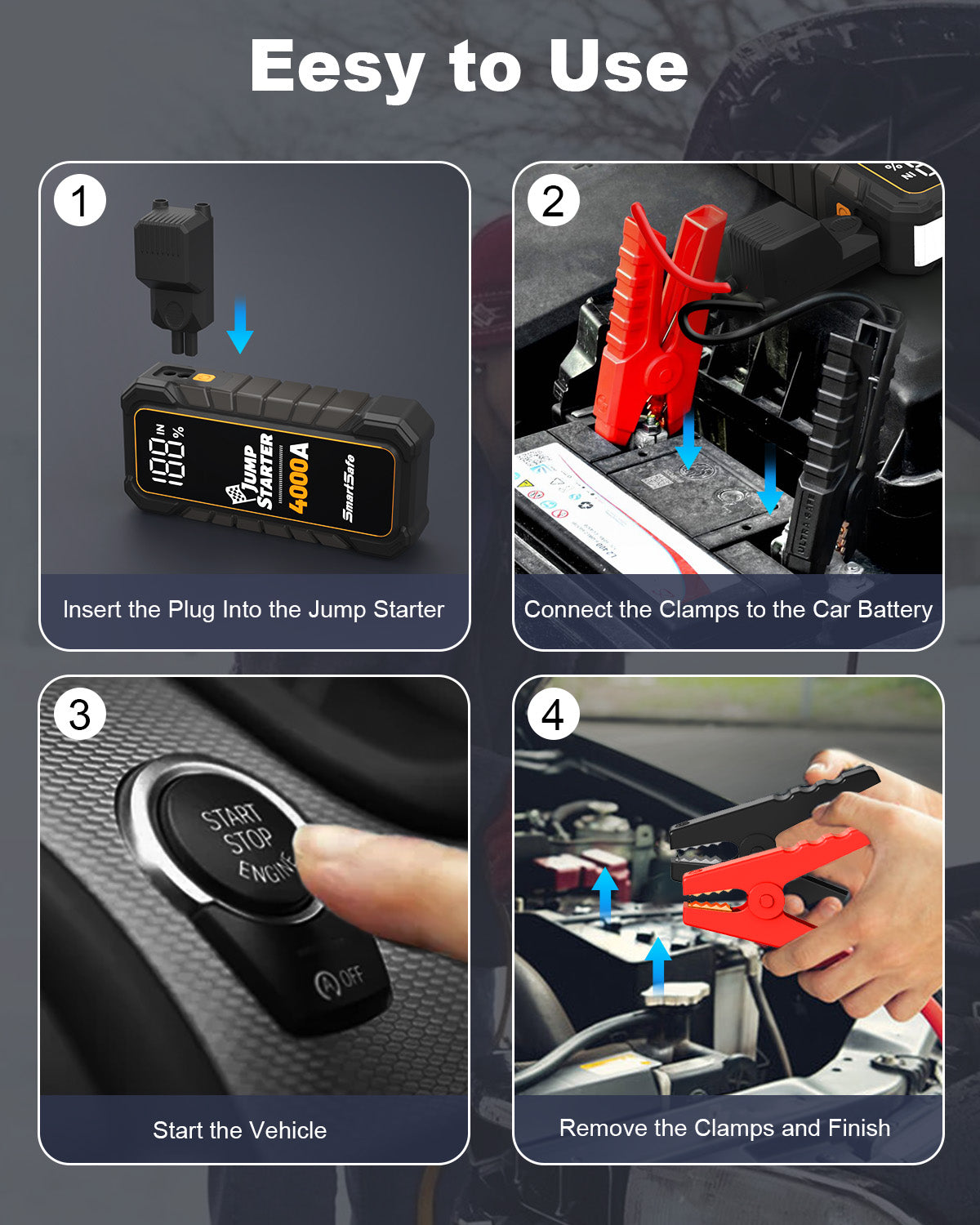 12V Portable Car Battery Jump Starter, 4000A Peak, USB Power Bank, LED Flashlight, LCD Display, Storage Case