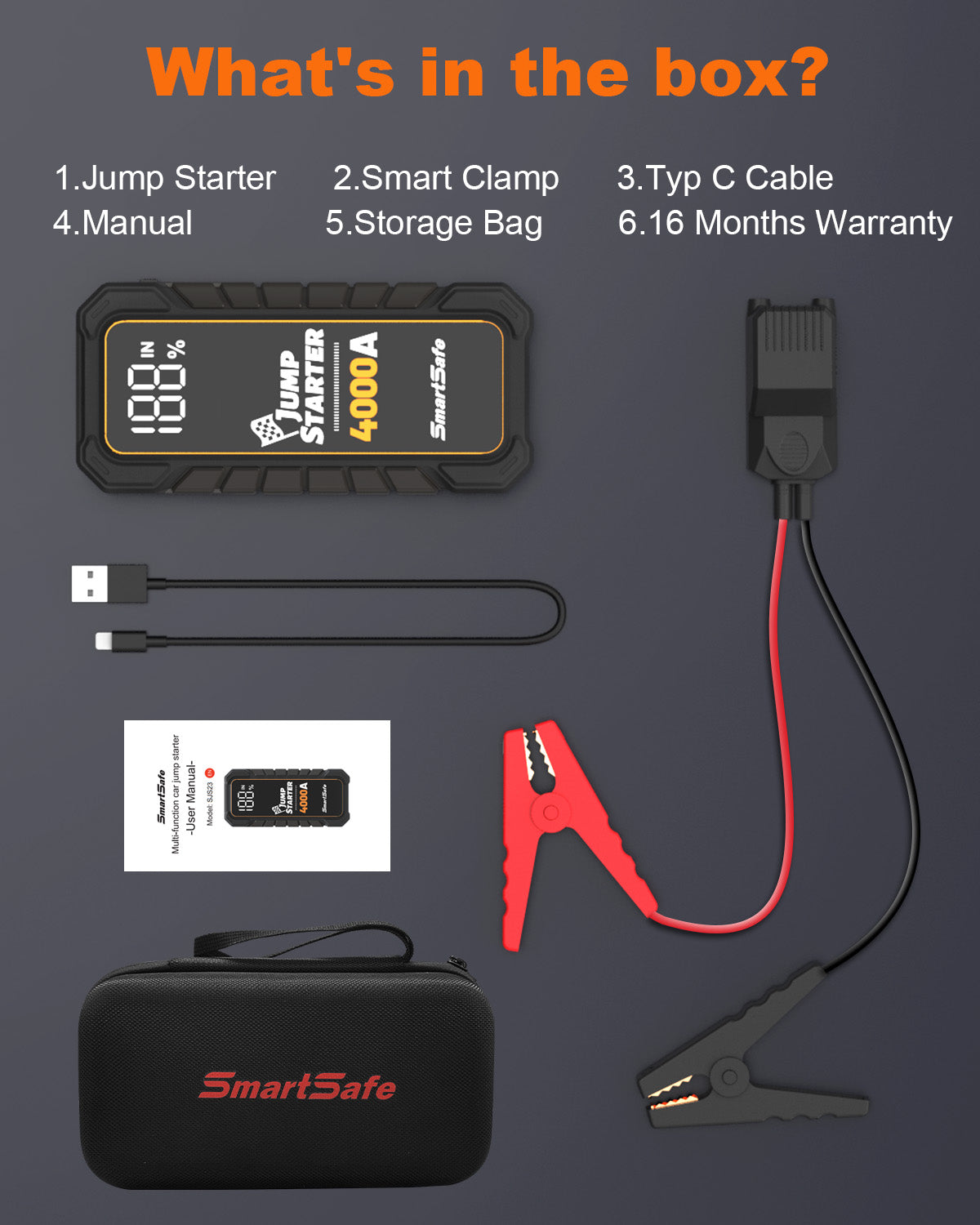 12V Portable Car Battery Jump Starter, 4000A Peak, USB Power Bank, LED Flashlight, LCD Display, Storage Case