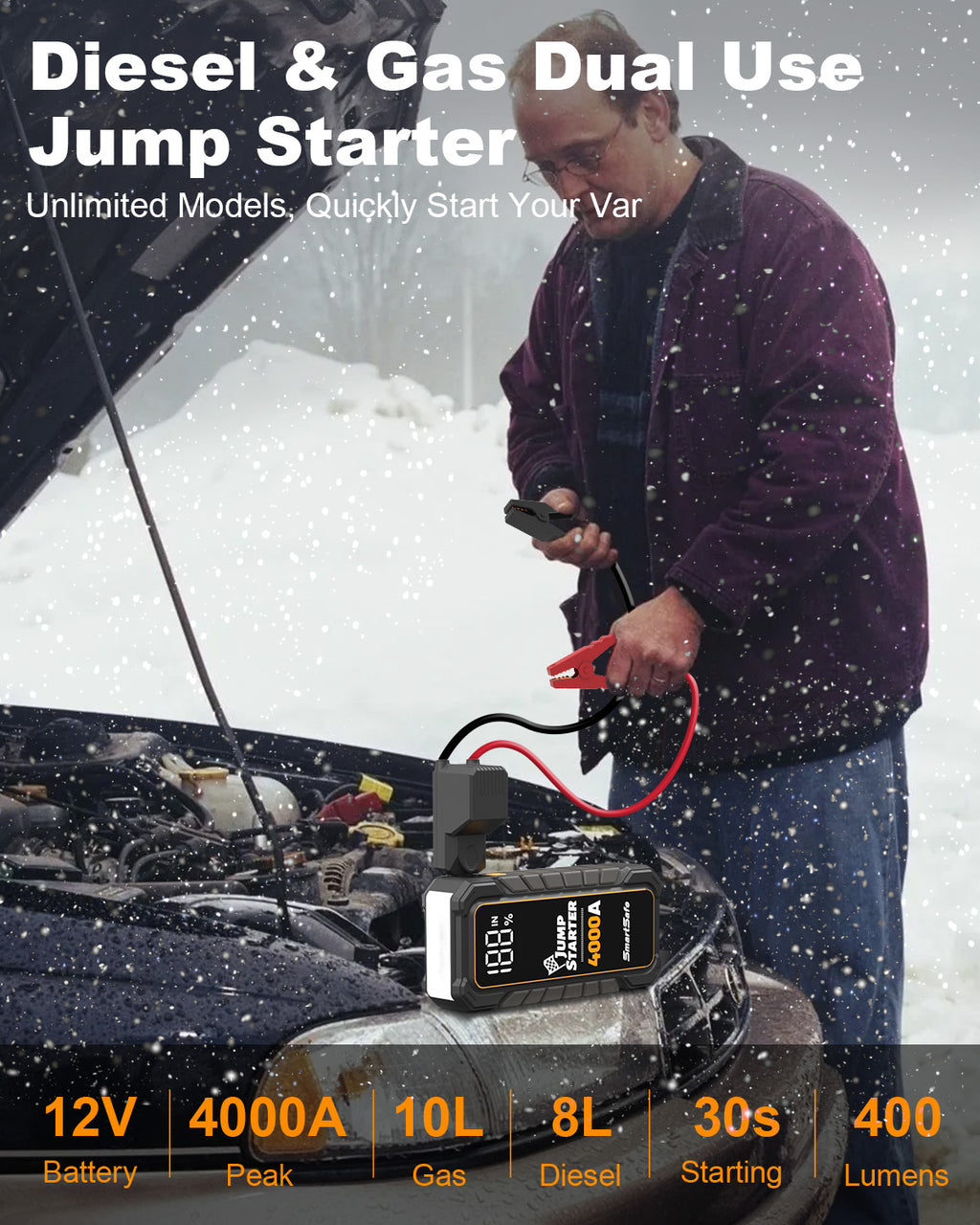 12V Portable Car Battery Jump Starter, 4000A Peak, USB Power Bank, LED Flashlight, LCD Display, Storage Case