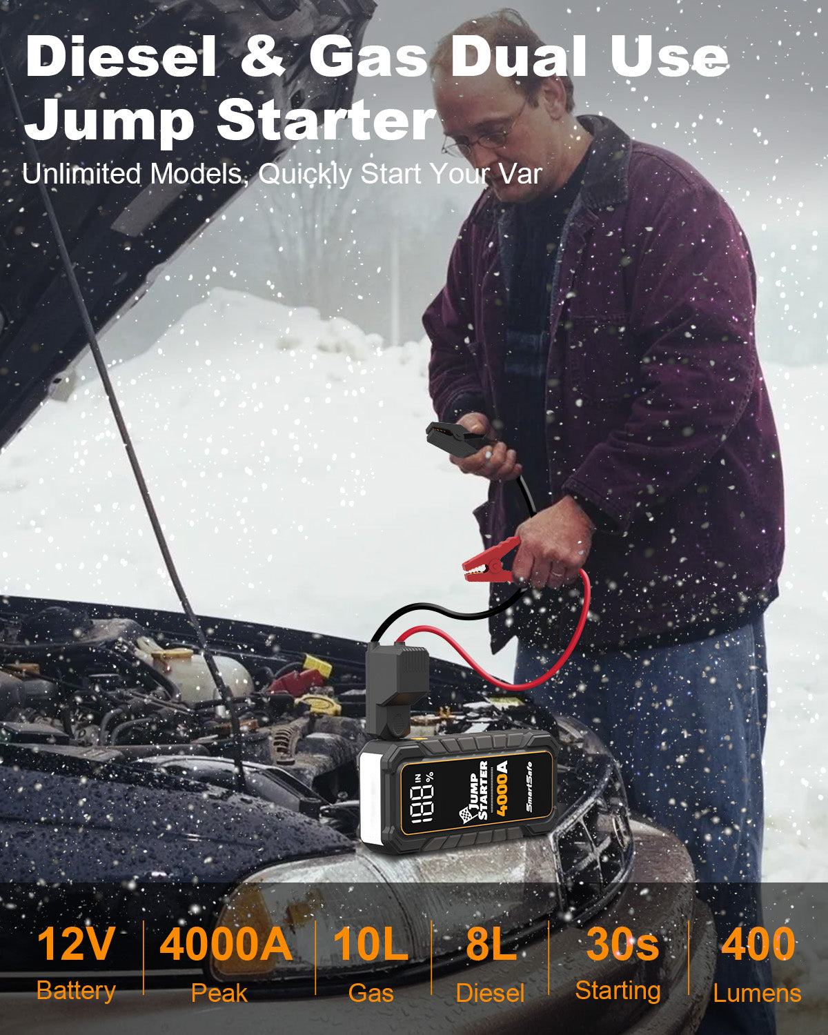 12V Portable Car Battery Jump Starter, 4000A Peak, USB Power Bank, LED Flashlight, LCD Display, Storage Case