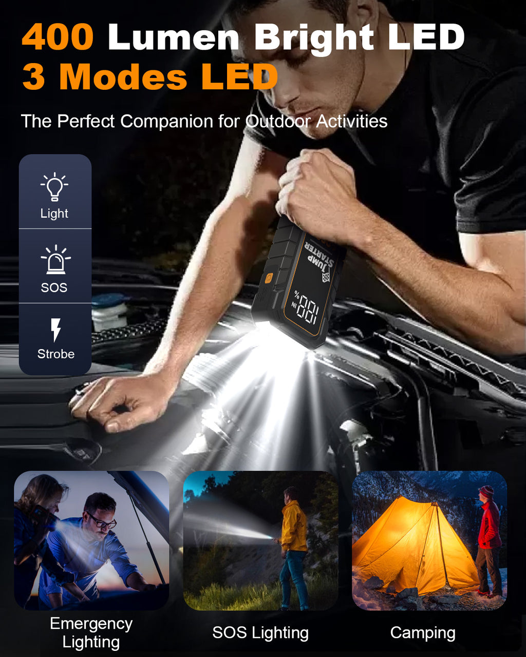12V Portable Car Battery Jump Starter, 4000A Peak, USB Power Bank, LED Flashlight, LCD Display, Storage Case