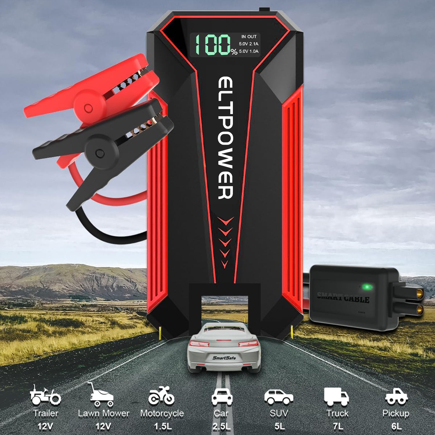 2000A Portable Car Jump Starter, 12V Battery Booster with LED Flashlight, USB Charger, Storage Case