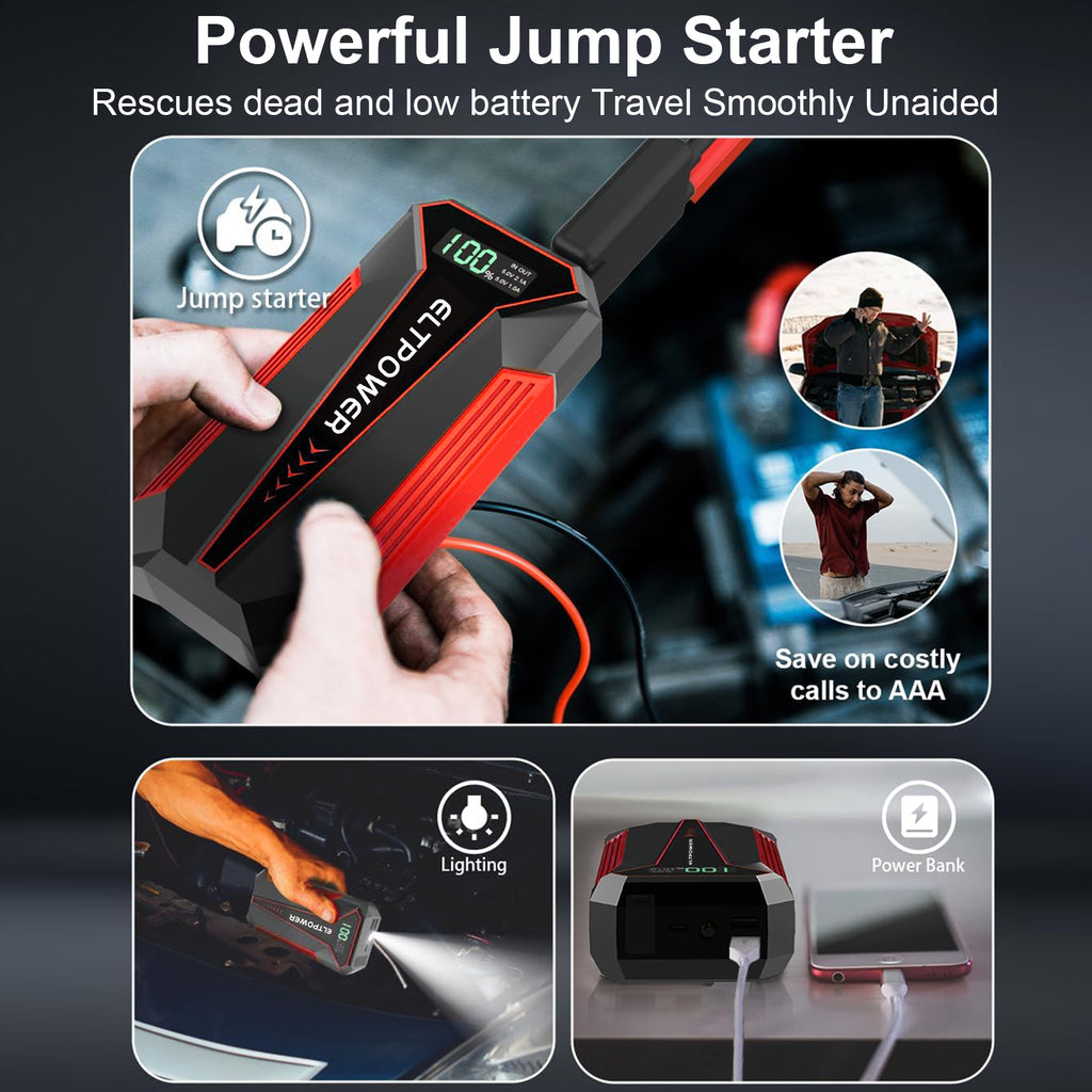 2000A Portable Car Jump Starter, 12V Battery Booster with LED Flashlight, USB Charger, Storage Case