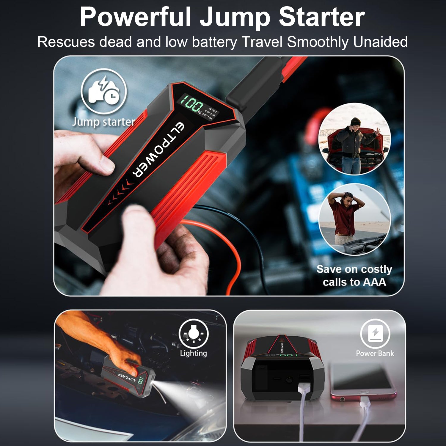 2000A Portable Car Jump Starter, 12V Battery Booster with LED Flashlight, USB Charger, Storage Case