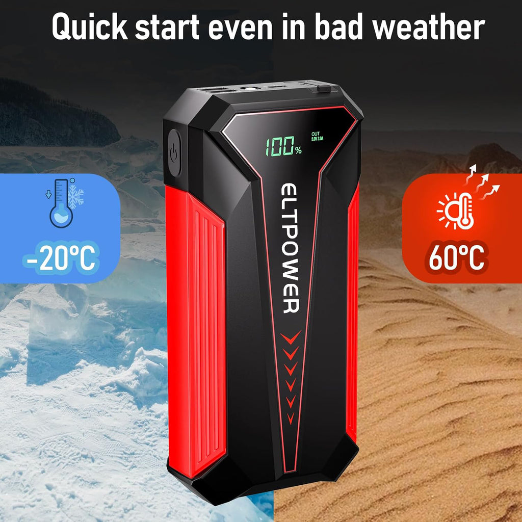 2000A Portable Car Jump Starter, 12V Battery Booster with LED Flashlight, USB Charger, Storage Case
