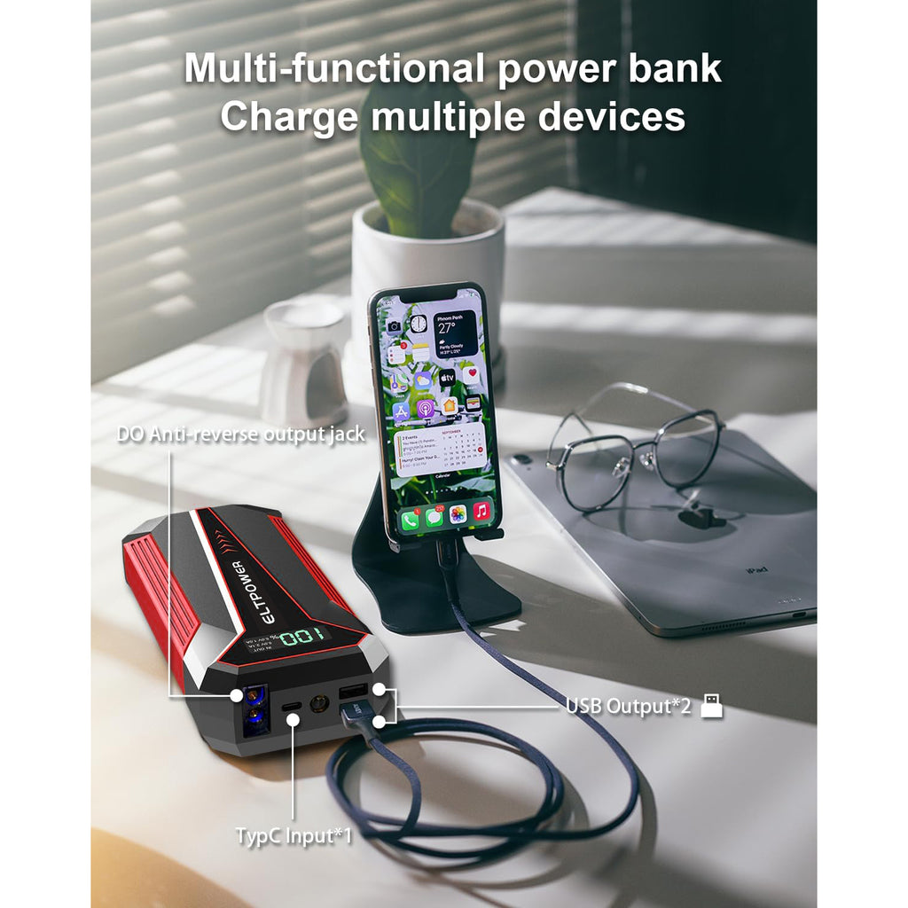 2000A Portable Car Jump Starter, 12V Battery Booster with LED Flashlight, USB Charger, Storage Case
