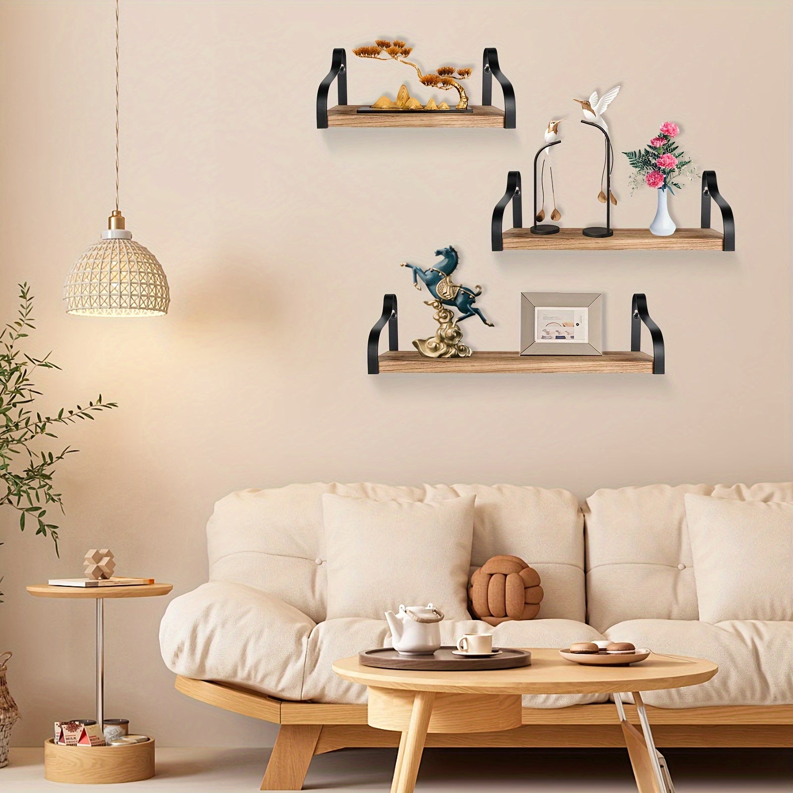 Rustic Wood Floating Shelves Set of 3 - Solid Wood Wall Mounted Storage & Decor for Living Room, Bedroom, Bathroom, Kitchen - Beautiful & Practical