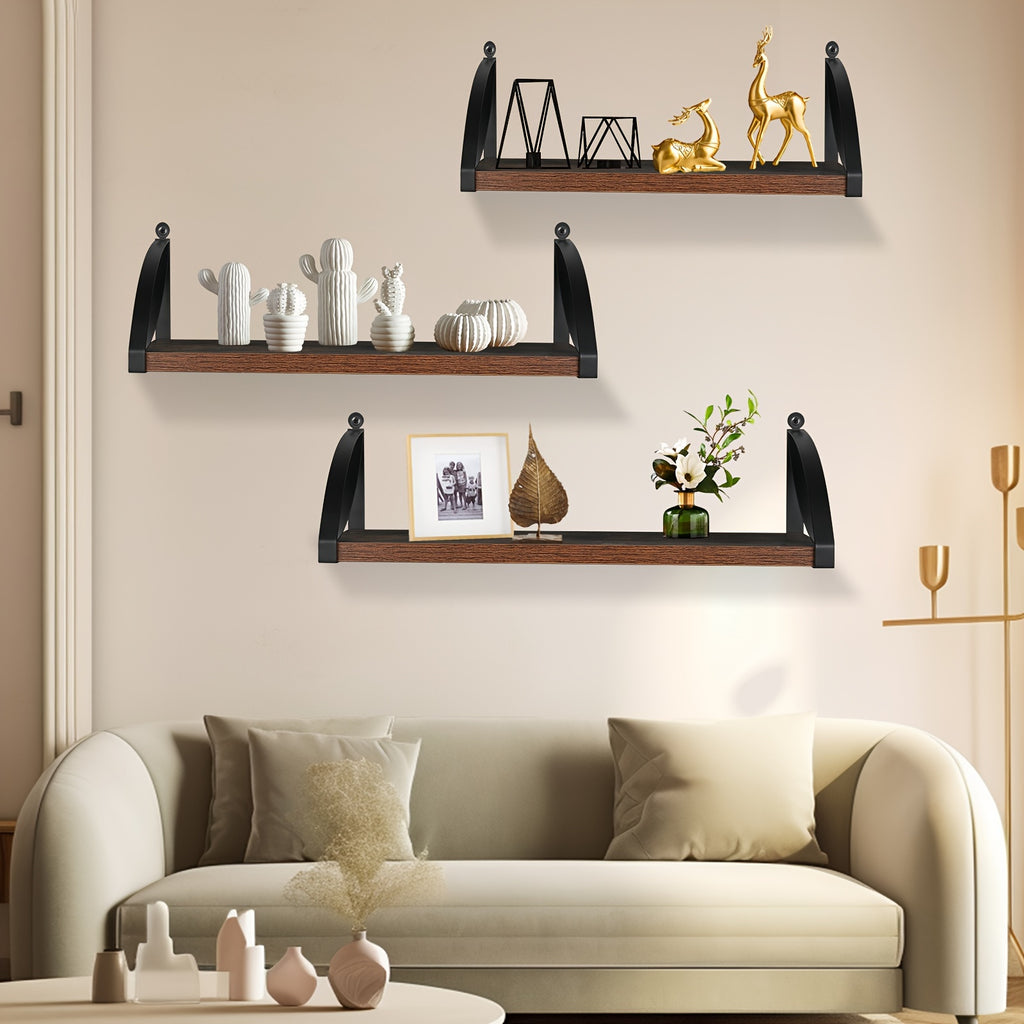 Rustic Wood Floating Shelves Set of 3 - Solid Wood Wall Mounted Storage & Decor for Living Room, Bedroom, Bathroom, Kitchen - Beautiful & Practical