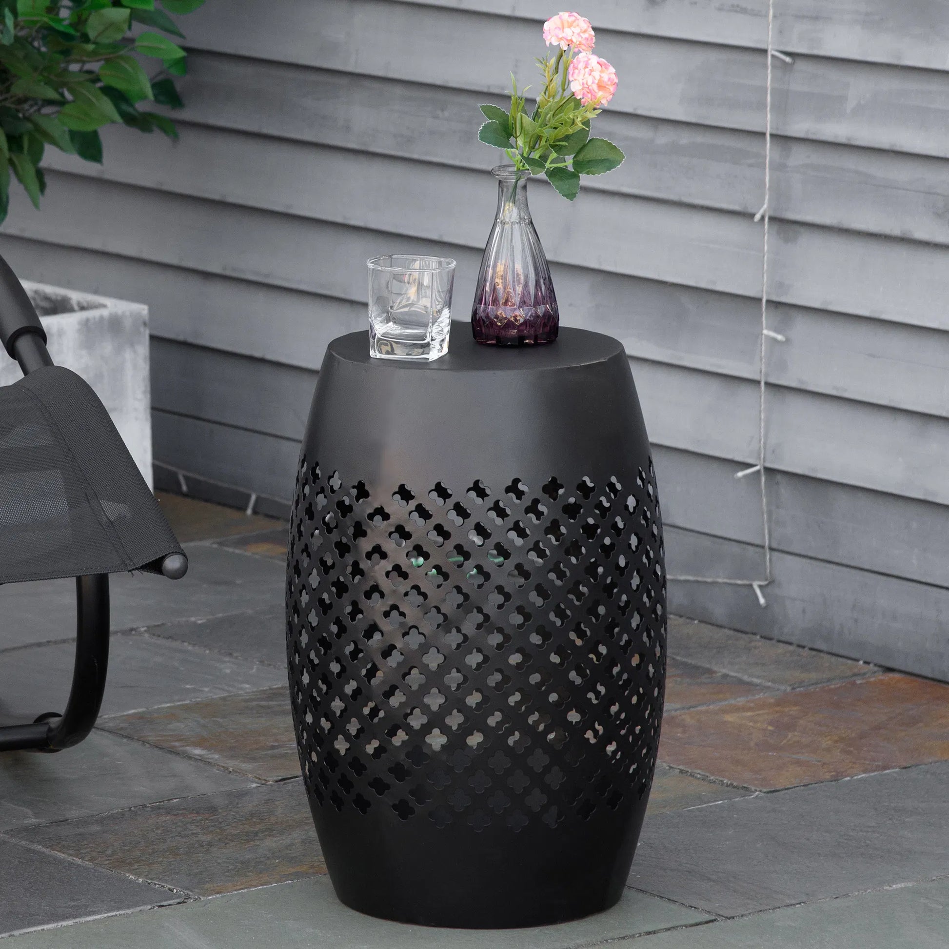 Outsunny Outdoor Side Table, Black Steel Garden Accent Table with Geometric Cutouts, 12.5" Dia x 18" H, No Assembly