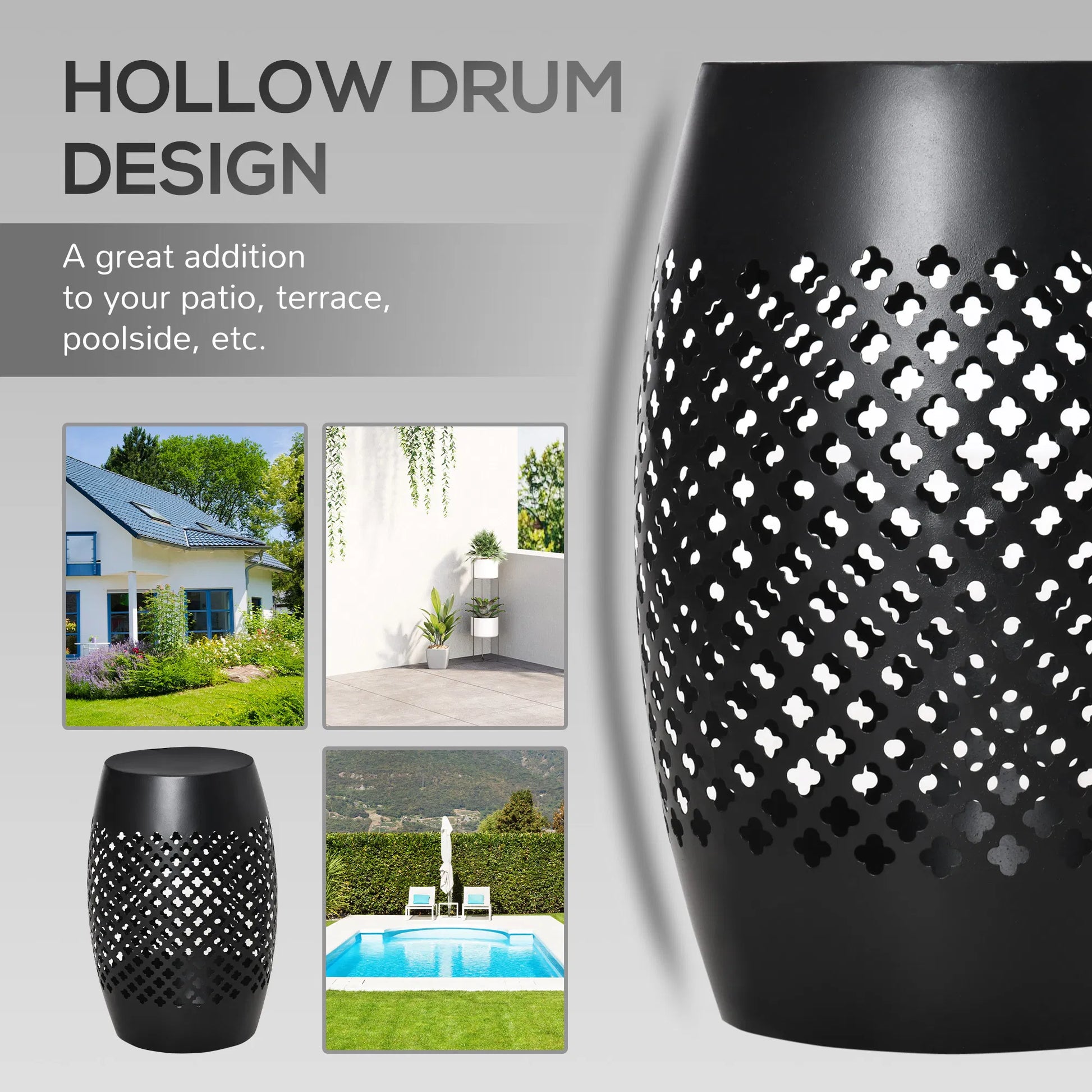 Outsunny Outdoor Side Table, Black Steel Garden Accent Table with Geometric Cutouts, 12.5" Dia x 18" H, No Assembly