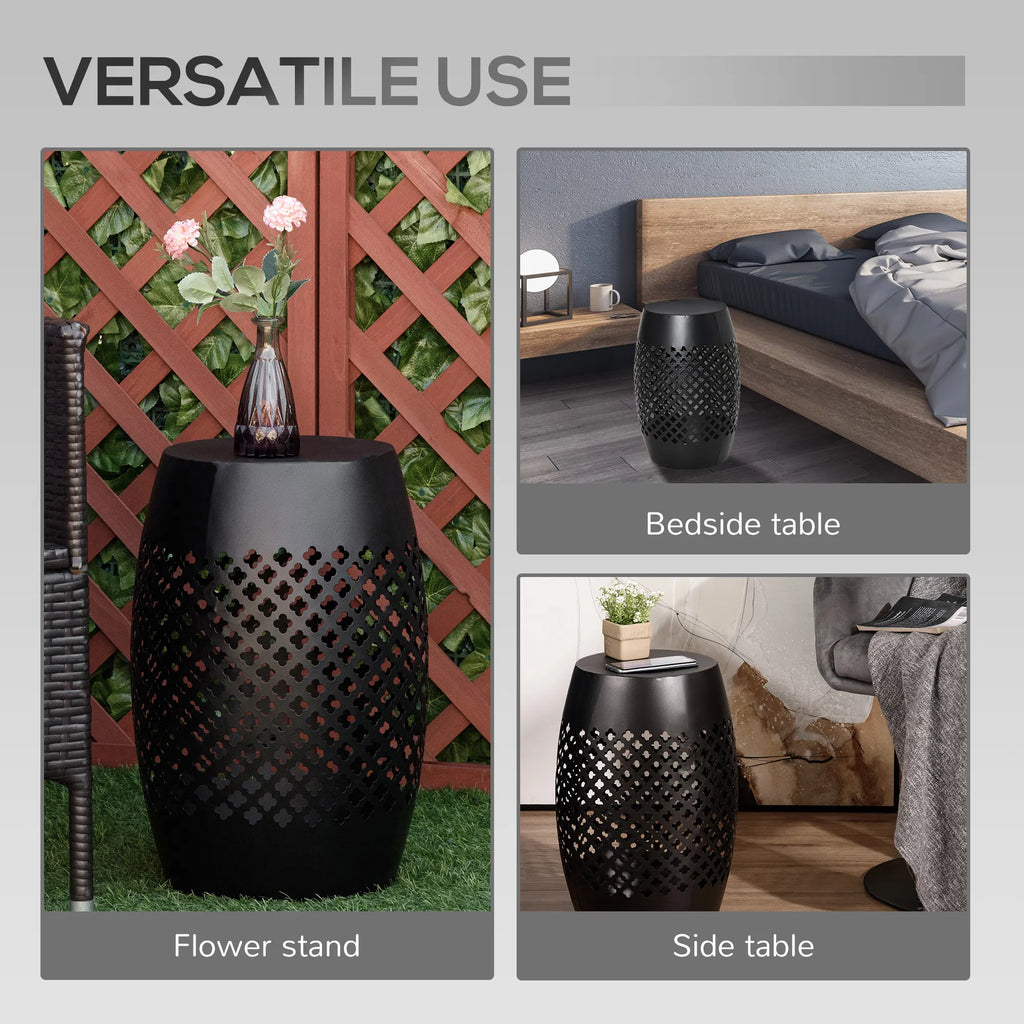 Outsunny Outdoor Side Table, Black Steel Garden Accent Table with Geometric Cutouts, 12.5" Dia x 18" H, No Assembly