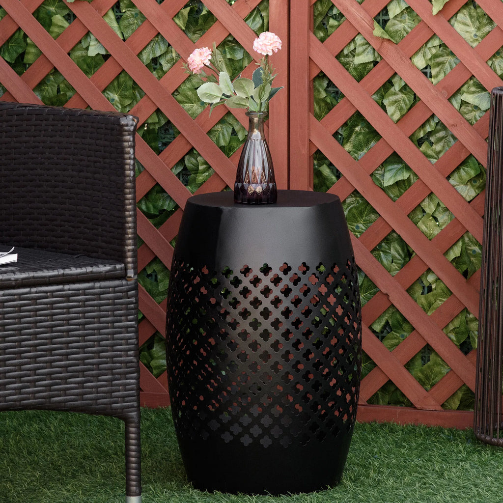Outsunny Outdoor Side Table, Black Steel Garden Accent Table with Geometric Cutouts, 12.5" Dia x 18" H, No Assembly