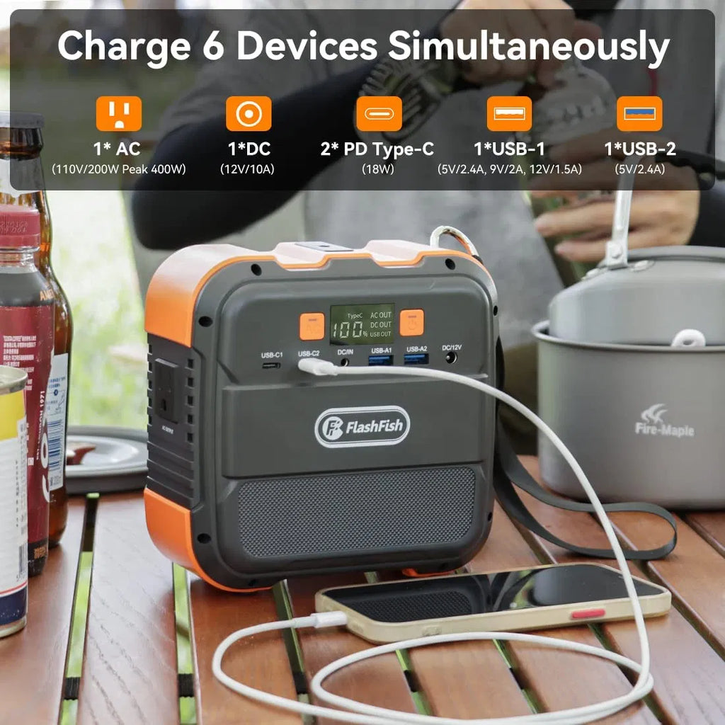 Portable Power Station 200W 146Wh, FlashFish Outdoor Generator with AC Outlets, USB, DC, LED Light for Camping, Home Backup, RV