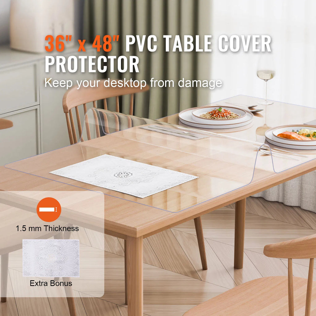 Clear PVC Table Protector 36x48 Inch, 1.5mm Thick Transparent Tabletop Cover, Waterproof Plastic Table Pad for Dining Office Desk, Bonus Lace Placemat Included