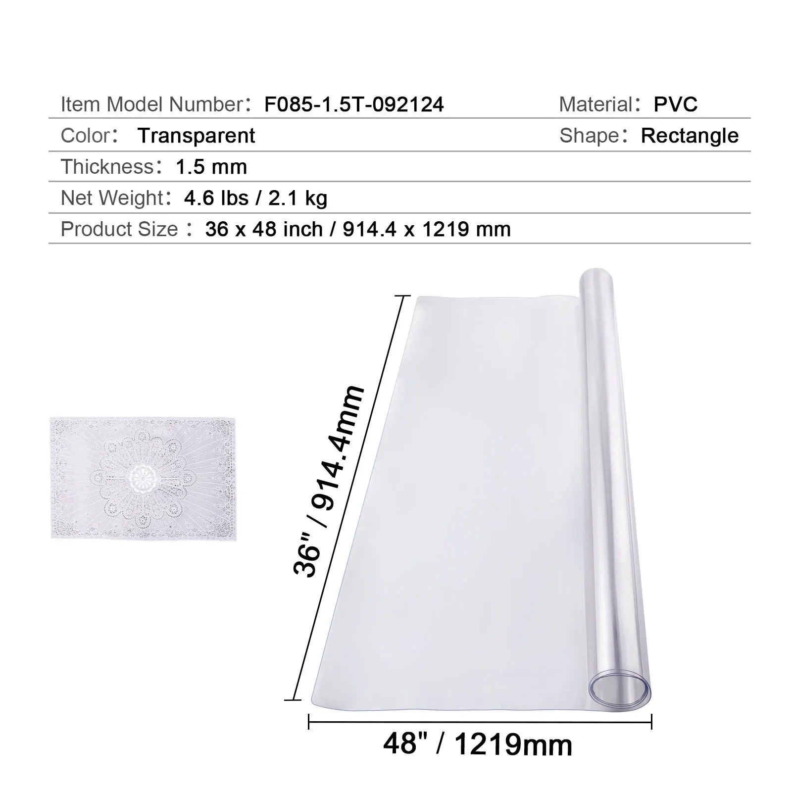 Clear PVC Table Protector 36x48 Inch, 1.5mm Thick Transparent Tabletop Cover, Waterproof Plastic Table Pad for Dining Office Desk, Bonus Lace Placemat Included