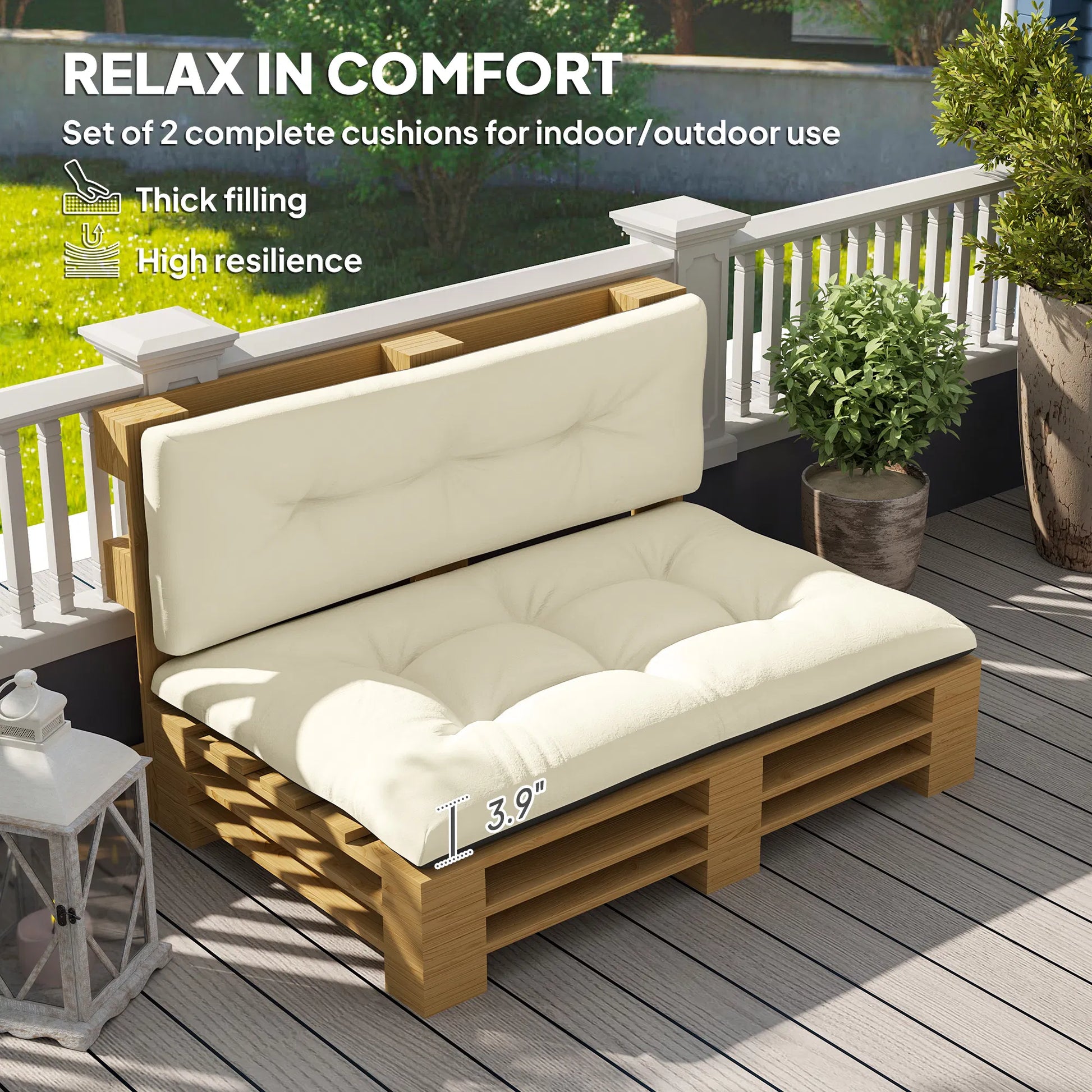 Outsunny 2‑Piece Pallet Sofa Cushion Set, Tufted Thick Seat & Back Cushions, Indoor‑Outdoor Replacement Pads for Wooden Pallet Furniture, Cream White