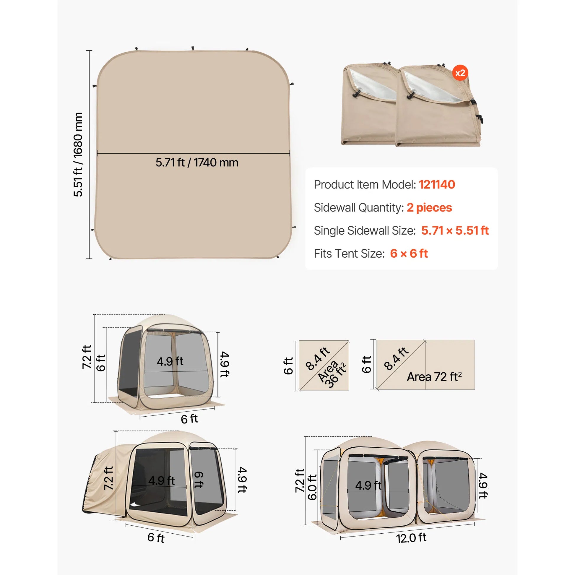 Pop‑Up Screen House Sidewalls 2‑Pack, 300D Oxford Silver‑Coated UV‑Waterproof Side Panels for 6’ x 6’ Outdoor Screen Tent, Beige (Tent NOT Included)