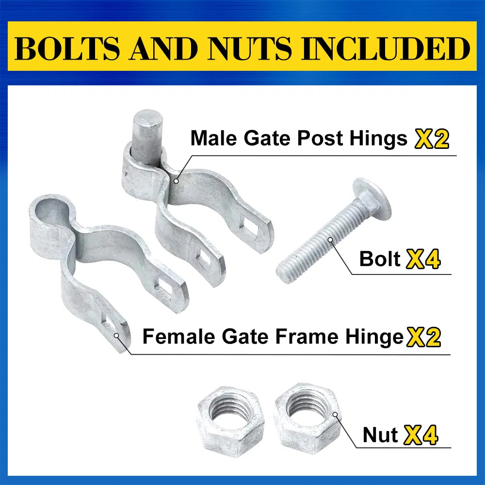 Galvanized Chain Link Gate Hinge Kit, 1‑5/8" Pipe Fence Gate Hinges with Bolts & Nuts, Heavy Duty Metal Hardware for Chain Link Fence Swing Gates