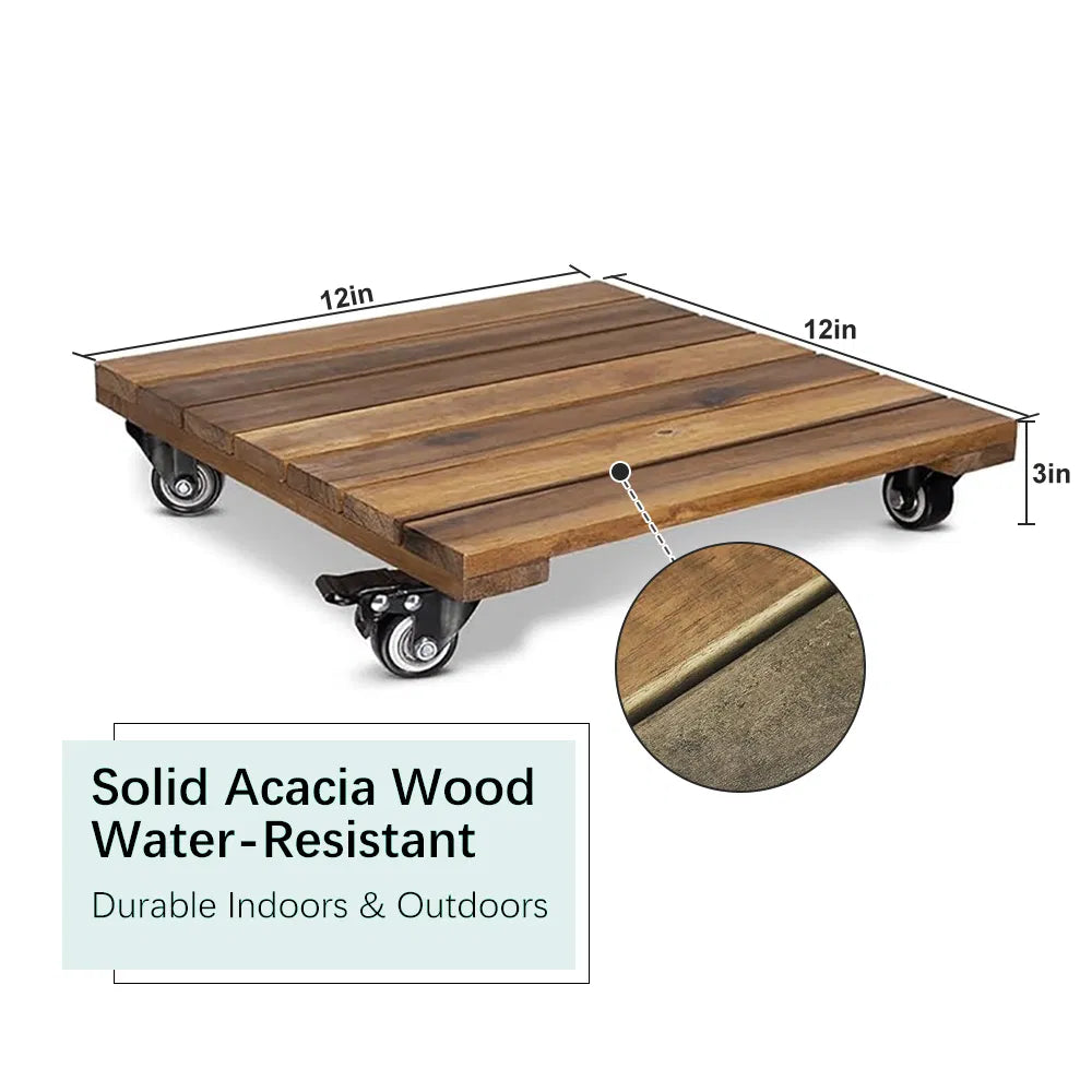 12 Inch Square Solid Acacia Wood Plant Caddy with Lockable 360° Swivel Wheels, Heavy‑Duty Rolling Plant Dolly, Water‑Resistant Plant Stand for Indoor & Outdoor Potted Plants