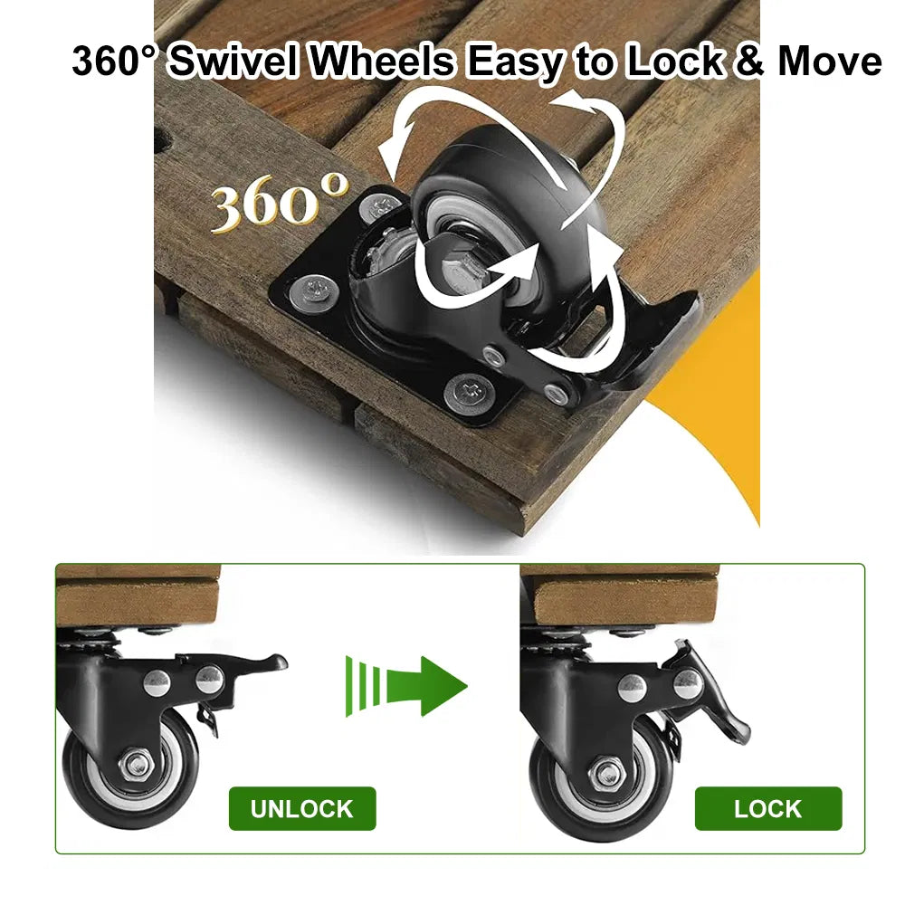 12 Inch Square Solid Acacia Wood Plant Caddy with Lockable 360° Swivel Wheels, Heavy‑Duty Rolling Plant Dolly, Water‑Resistant Plant Stand for Indoor & Outdoor Potted Plants