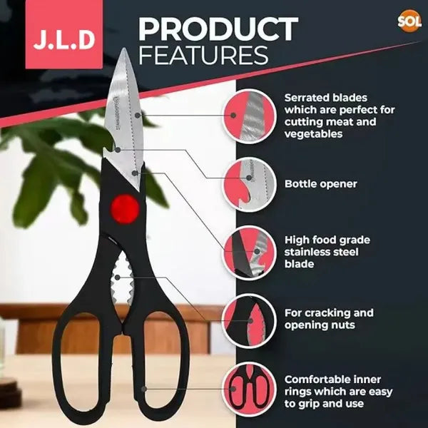 Multi‑Function Kitchen Scissors, Heavy‑Duty Stainless Steel Food Shears for Poultry, Vegetables, Bottle Opener & Nut Cracker, Comfort Grip Household Cooking Scissors