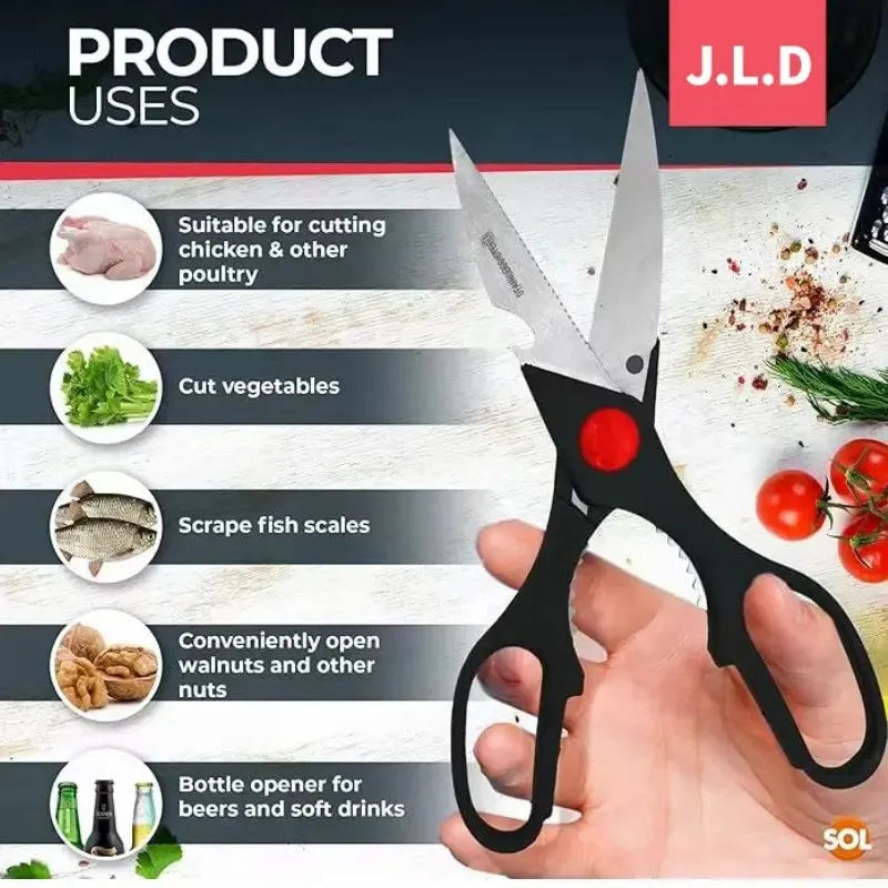 Multi‑Function Kitchen Scissors, Heavy‑Duty Stainless Steel Food Shears for Poultry, Vegetables, Bottle Opener & Nut Cracker, Comfort Grip Household Cooking Scissors