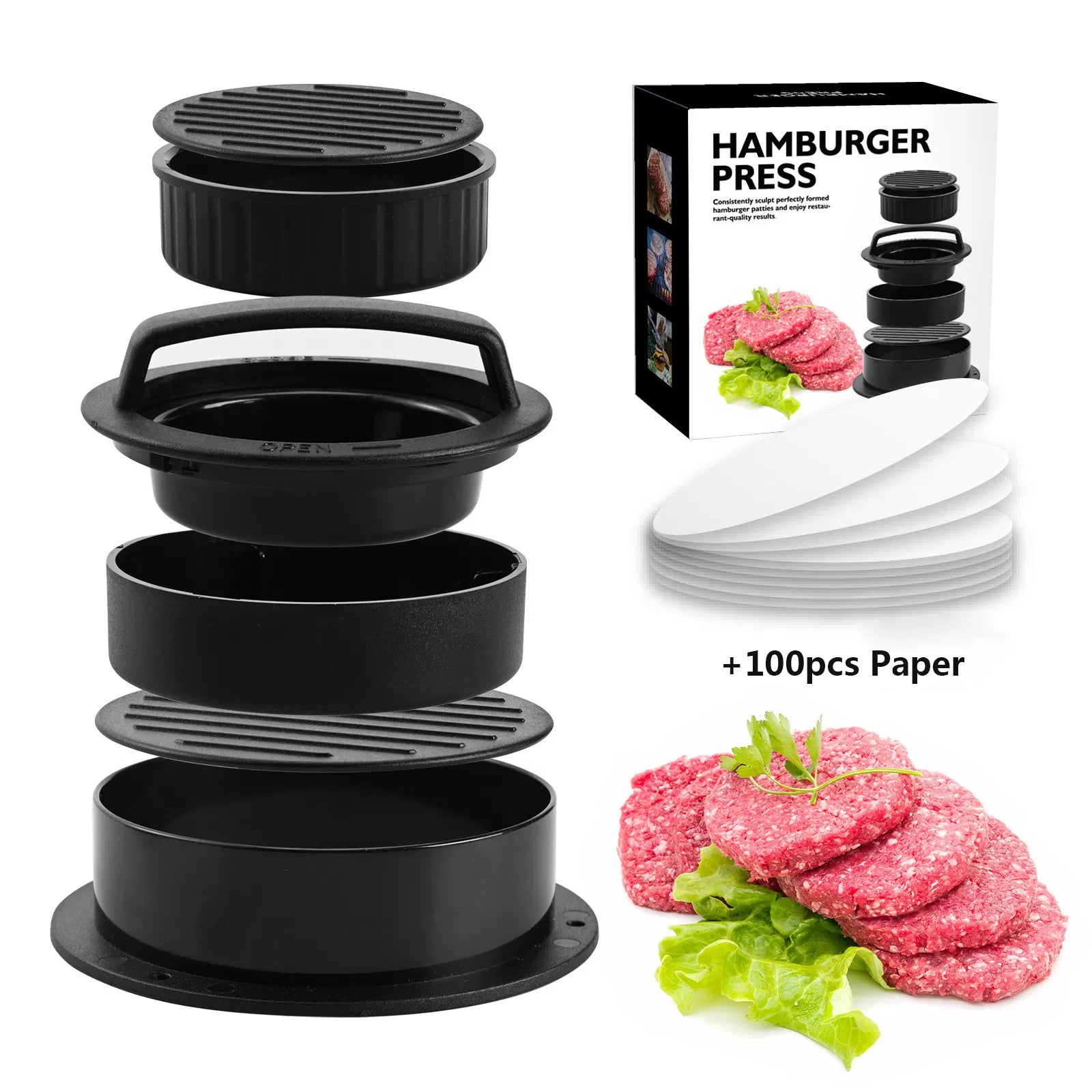 Multi‑Size Hamburger Press Patty Maker, Non‑Stick Burger Mold with 100Pcs Wax Papers, Make Stuffed, Regular & Mini Beef Patties for BBQ Grilling