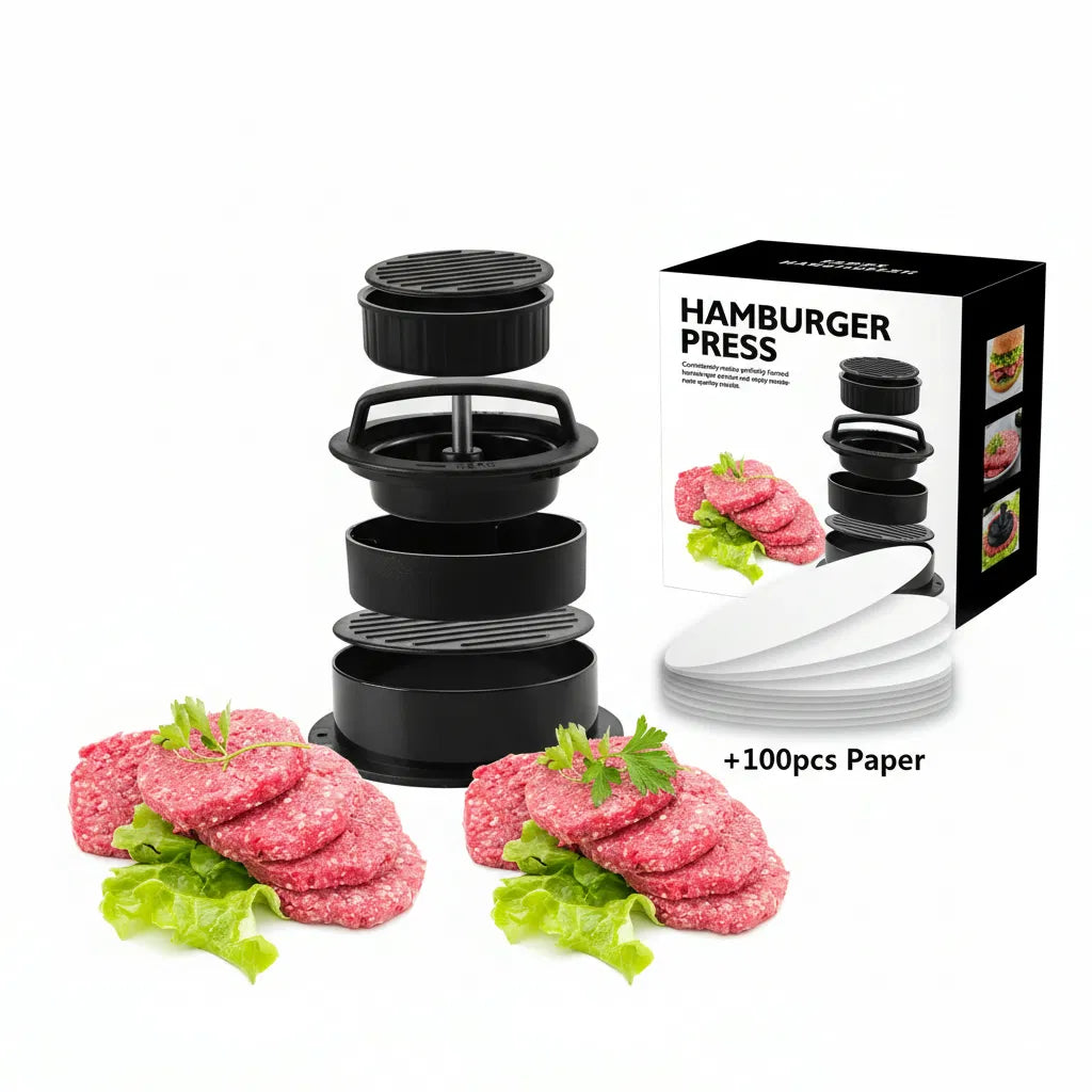 Multi‑Size Hamburger Press Patty Maker, Non‑Stick Burger Mold with 100Pcs Wax Papers, Make Stuffed, Regular & Mini Beef Patties for BBQ Grilling