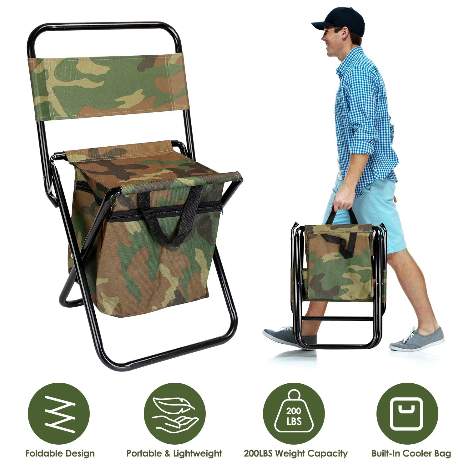 Foldable Camping Fishing Chair with Built‑in Cooler Bag, Portable Lightweight Outdoor Stool with Backrest, 200 LBS Capacity for Hunting Picnic Travel, Camo