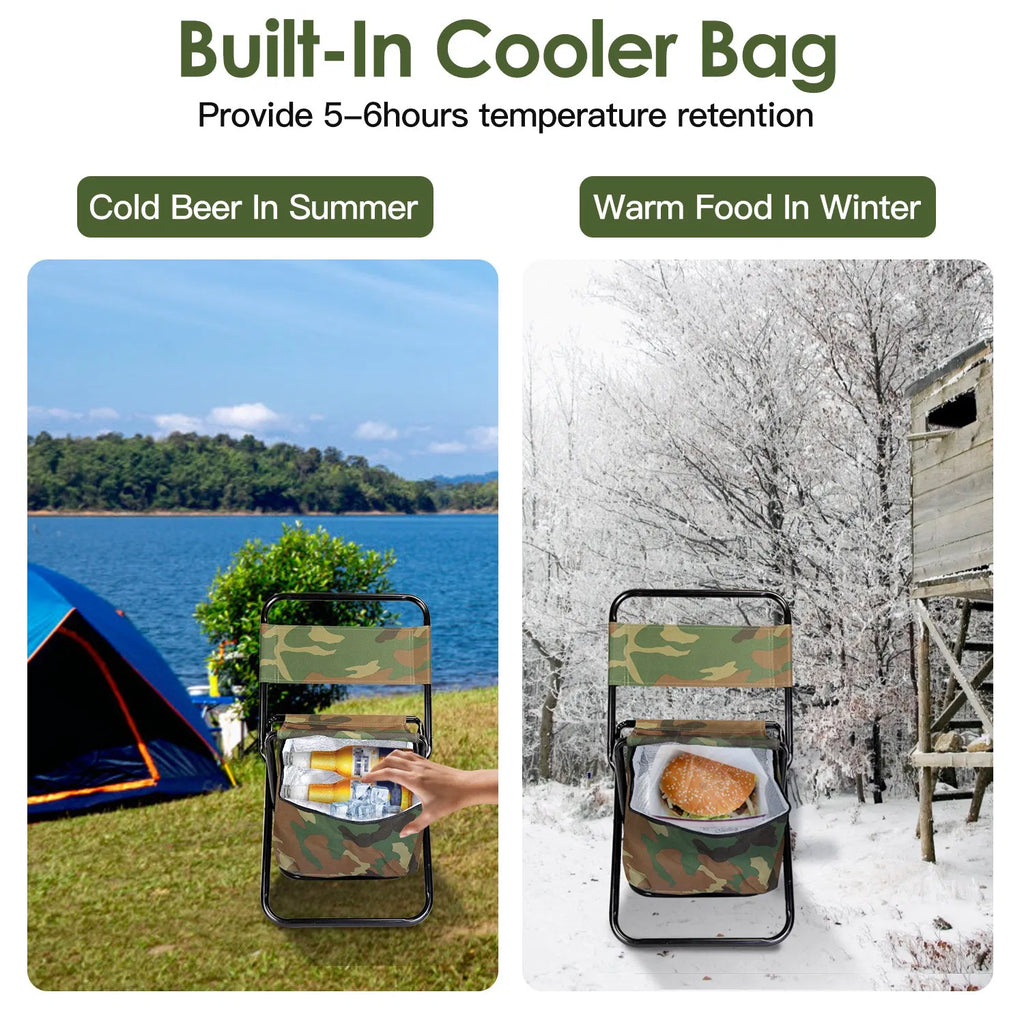 Foldable Camping Fishing Chair with Built‑in Cooler Bag, Portable Lightweight Outdoor Stool with Backrest, 200 LBS Capacity for Hunting Picnic Travel, Camo