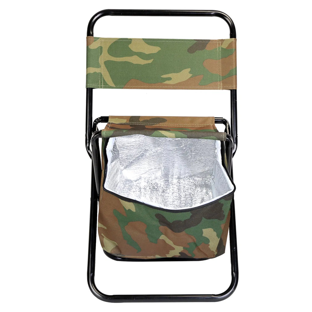 Foldable Camping Fishing Chair with Built‑in Cooler Bag, Portable Lightweight Outdoor Stool with Backrest, 200 LBS Capacity for Hunting Picnic Travel, Camo