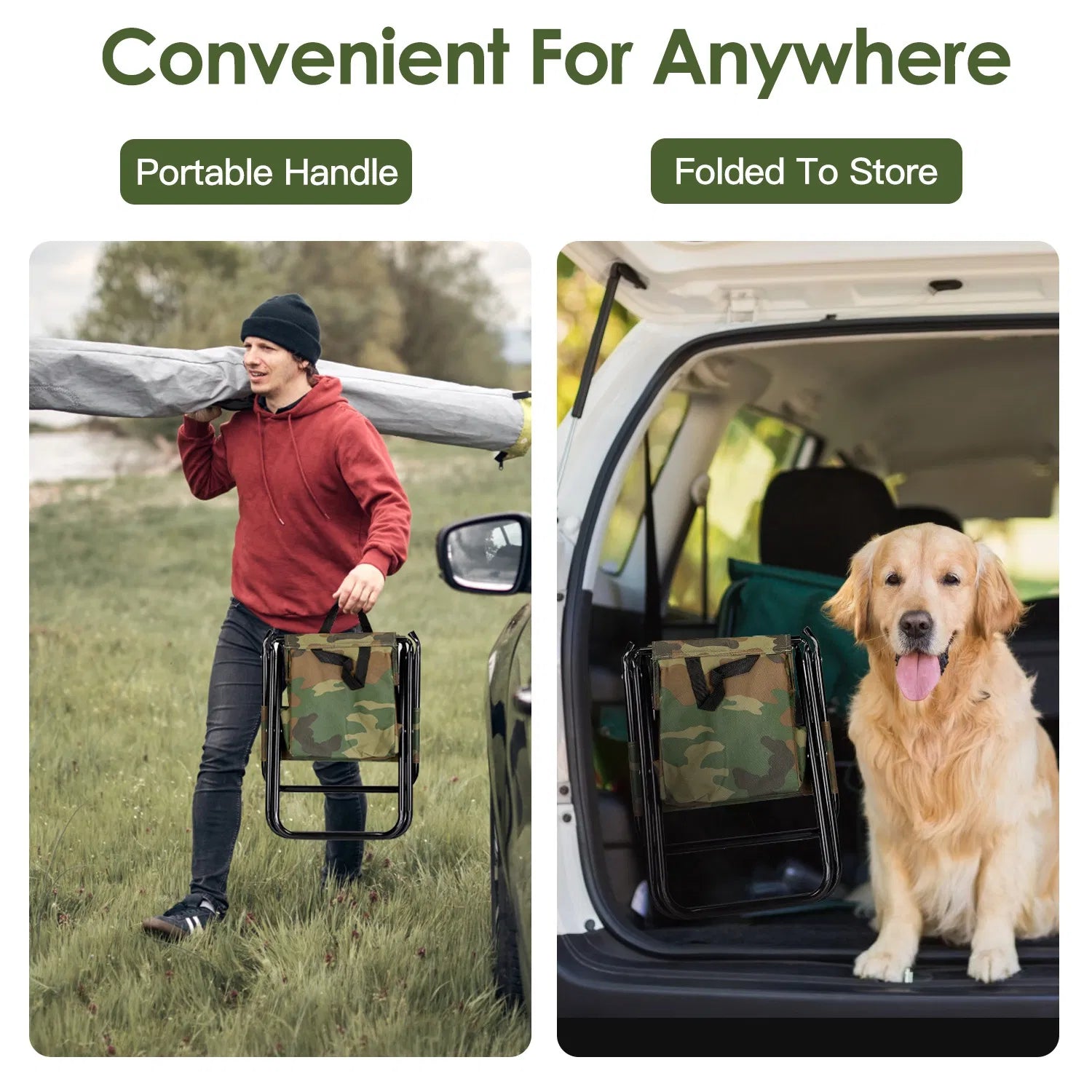 Foldable Camping Fishing Chair with Built‑in Cooler Bag, Portable Lightweight Outdoor Stool with Backrest, 200 LBS Capacity for Hunting Picnic Travel, Camo